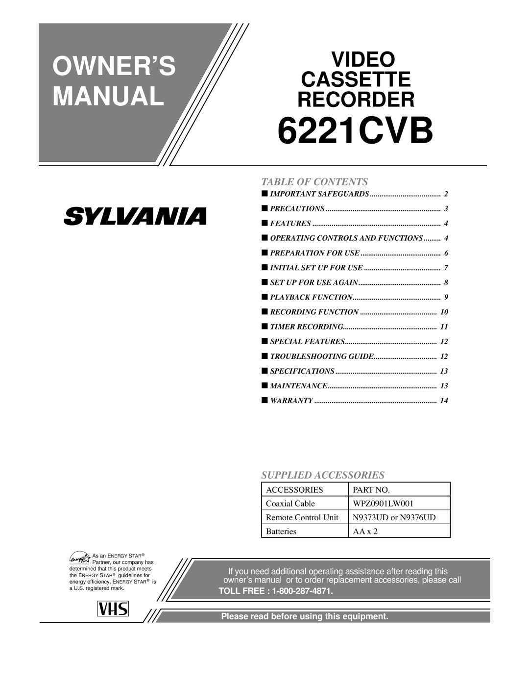 Sylvania 6221CVB owner manual Table of Contents, Supplied Accessories 