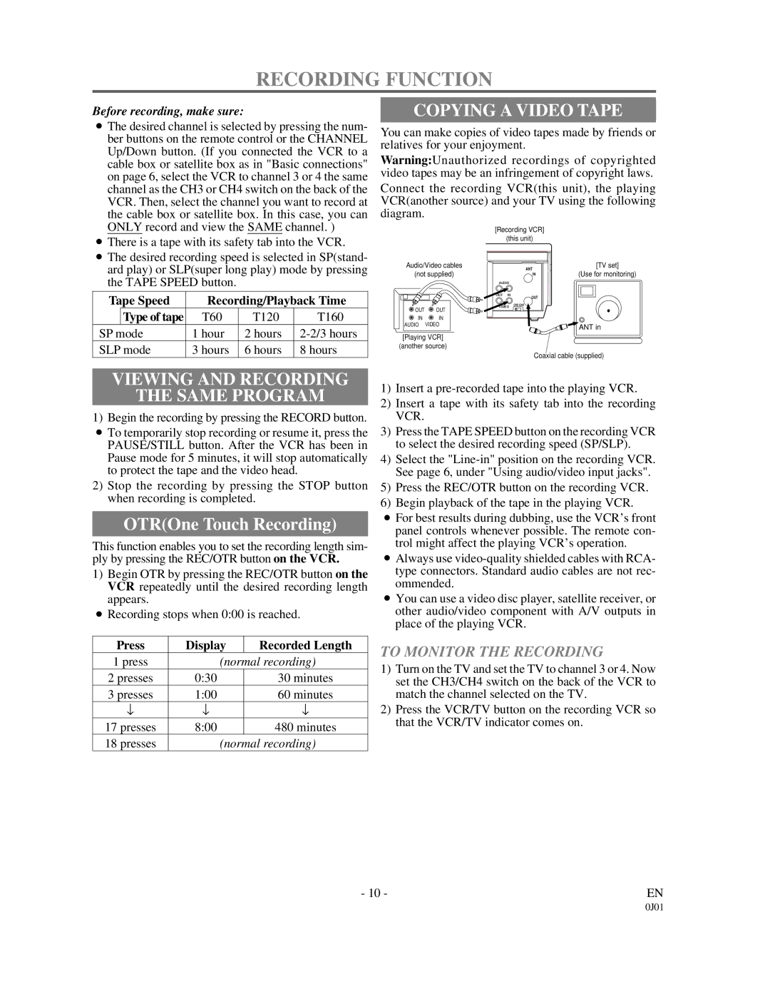 Sylvania 6221CVB Recording Function, Viewing and Recording Same Program, Copying a Video Tape, To Monitor the Recording 