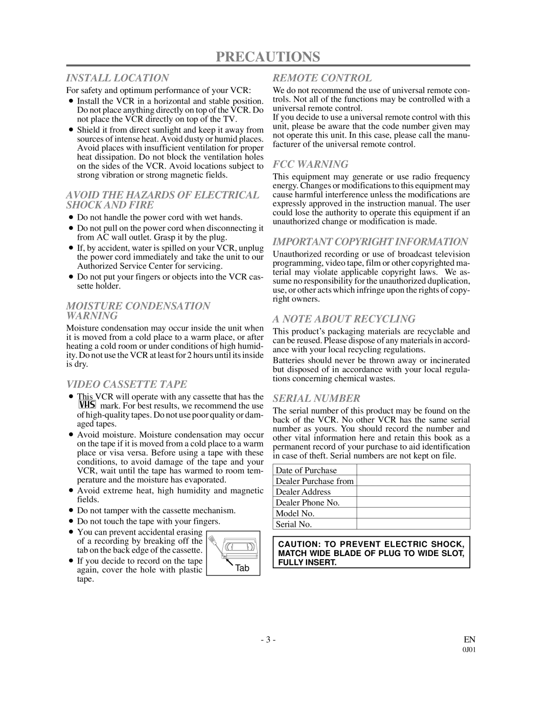 Sylvania 6221CVB owner manual Precautions 