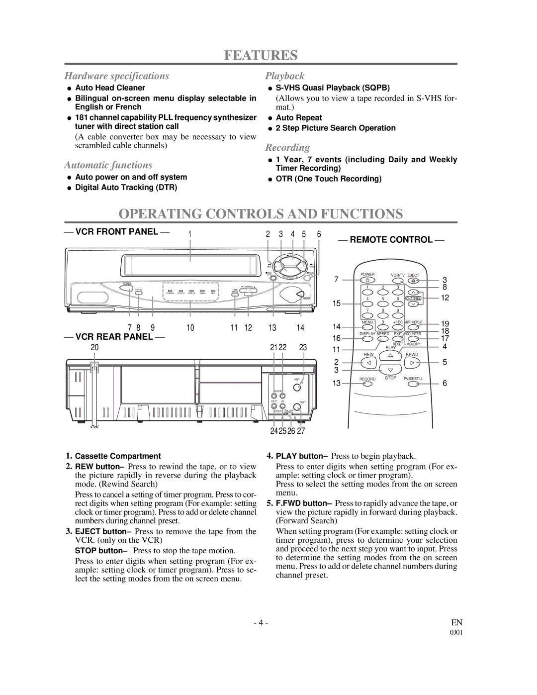 Sylvania 6221CVB owner manual Features, Operating Controls and Functions 