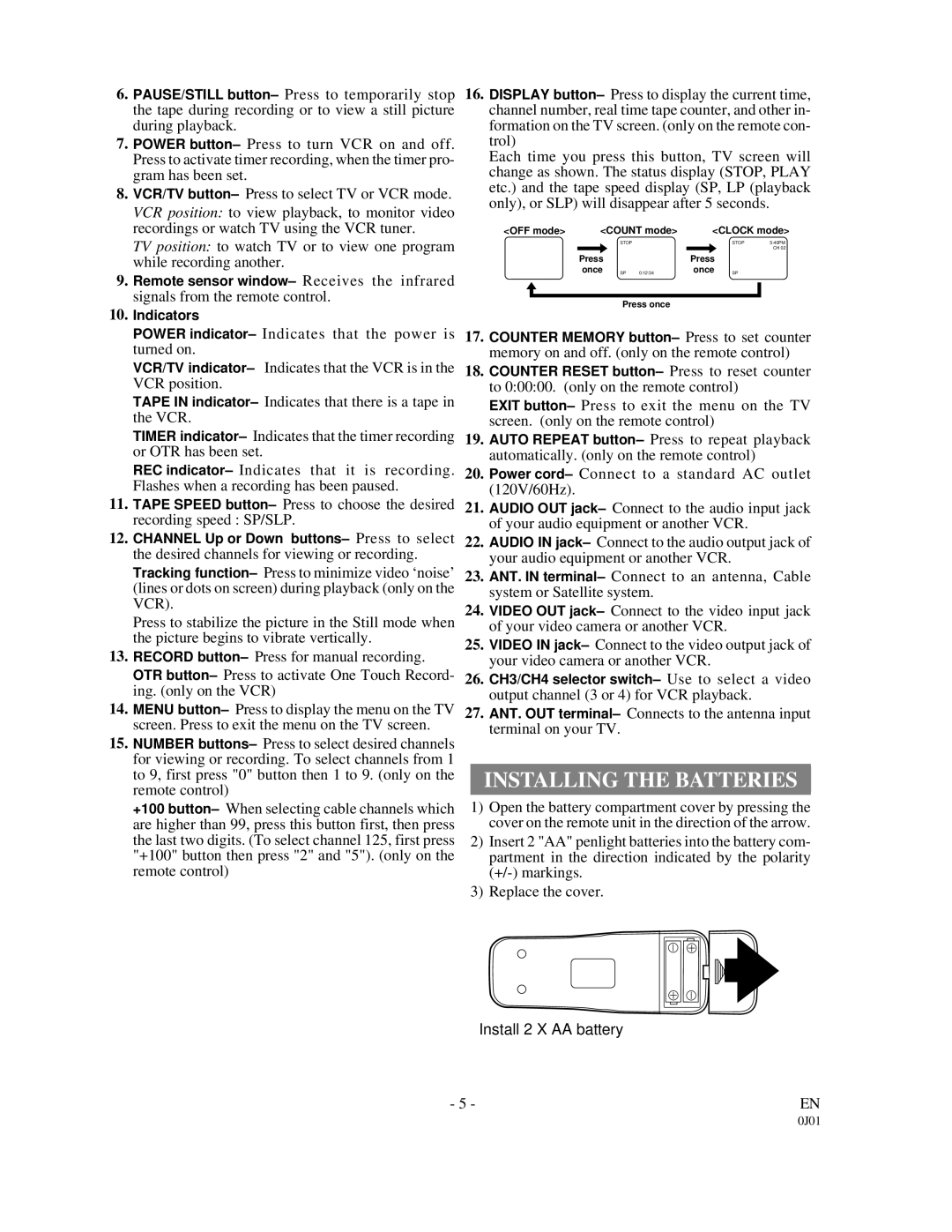 Sylvania 6221CVB owner manual Installing the Batteries 