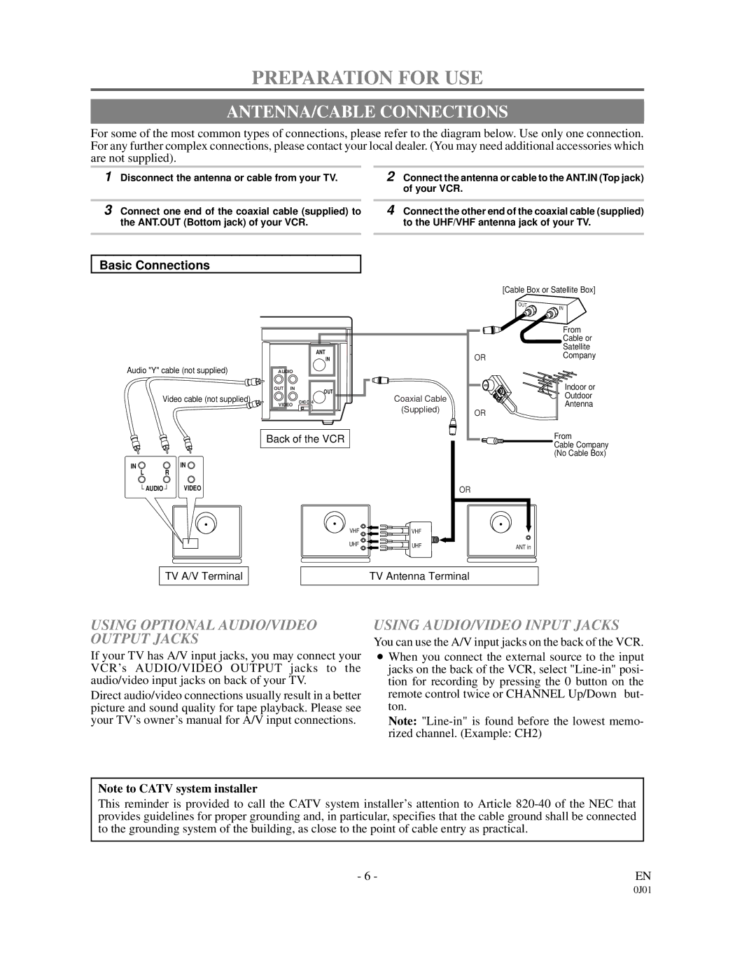 Sylvania 6221CVB owner manual Preparation for USE, ANTENNA/CABLE Connections, Using Optional AUDIO/VIDEO Output Jacks 