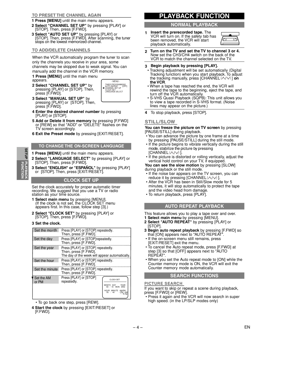 Sylvania 6240VC owner manual Playback Function, Normal Playback, Clock SET UP, Auto Repeat Playback, Search Functions 