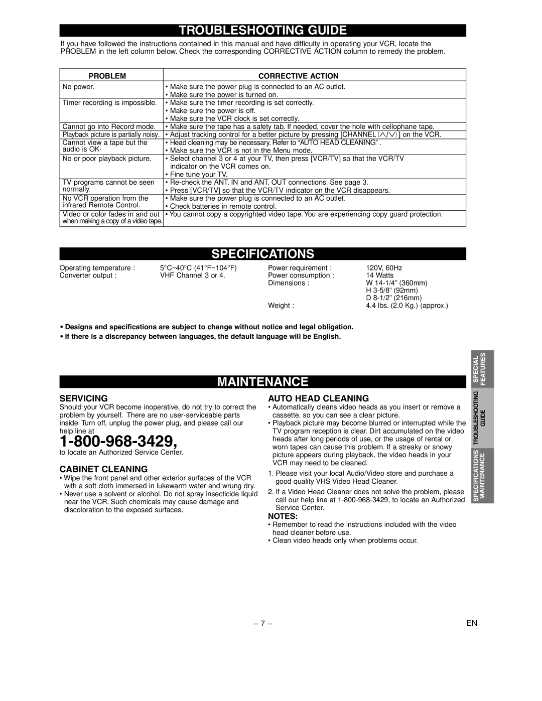 Sylvania 6240VC owner manual Troubleshooting Guide, Specifications, Maintenance 