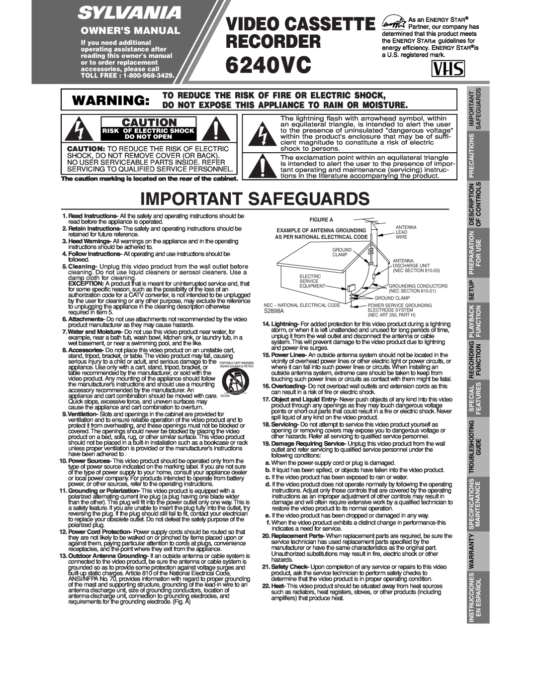 Sylvania 6240VC owner manual Important Safeguards, Video Cassette Recorder, Owner’S Manual, Description, Controls 