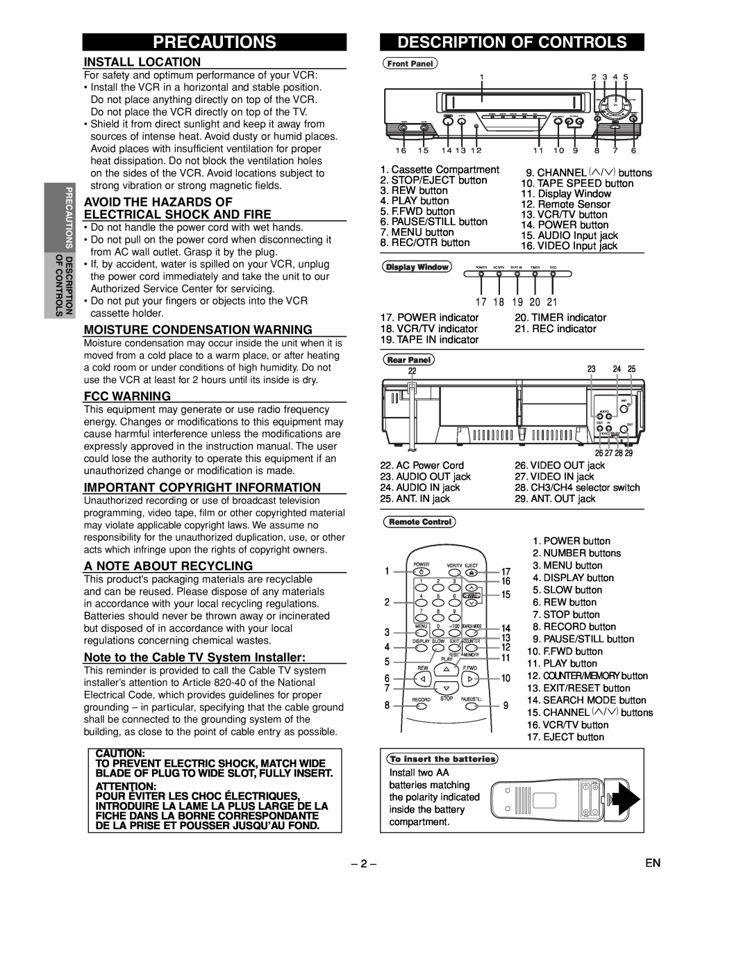 Sylvania 6240VC owner manual Precautions, Install Location, Avoid The Hazards Of Electrical Shock And Fire, Fcc Warning 