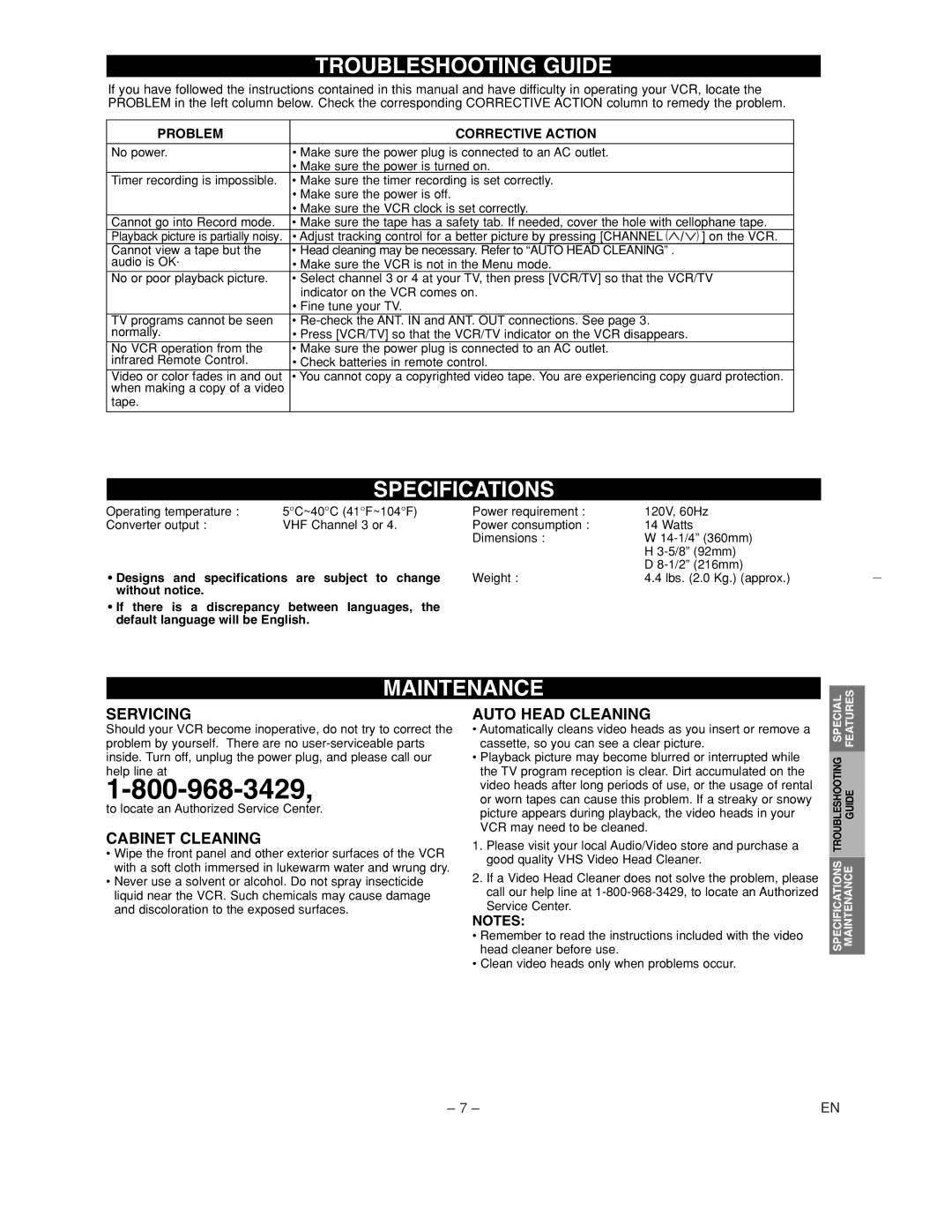 Sylvania 6240VC1 owner manual Troubleshooting Guide, Specifications, Maintenance 