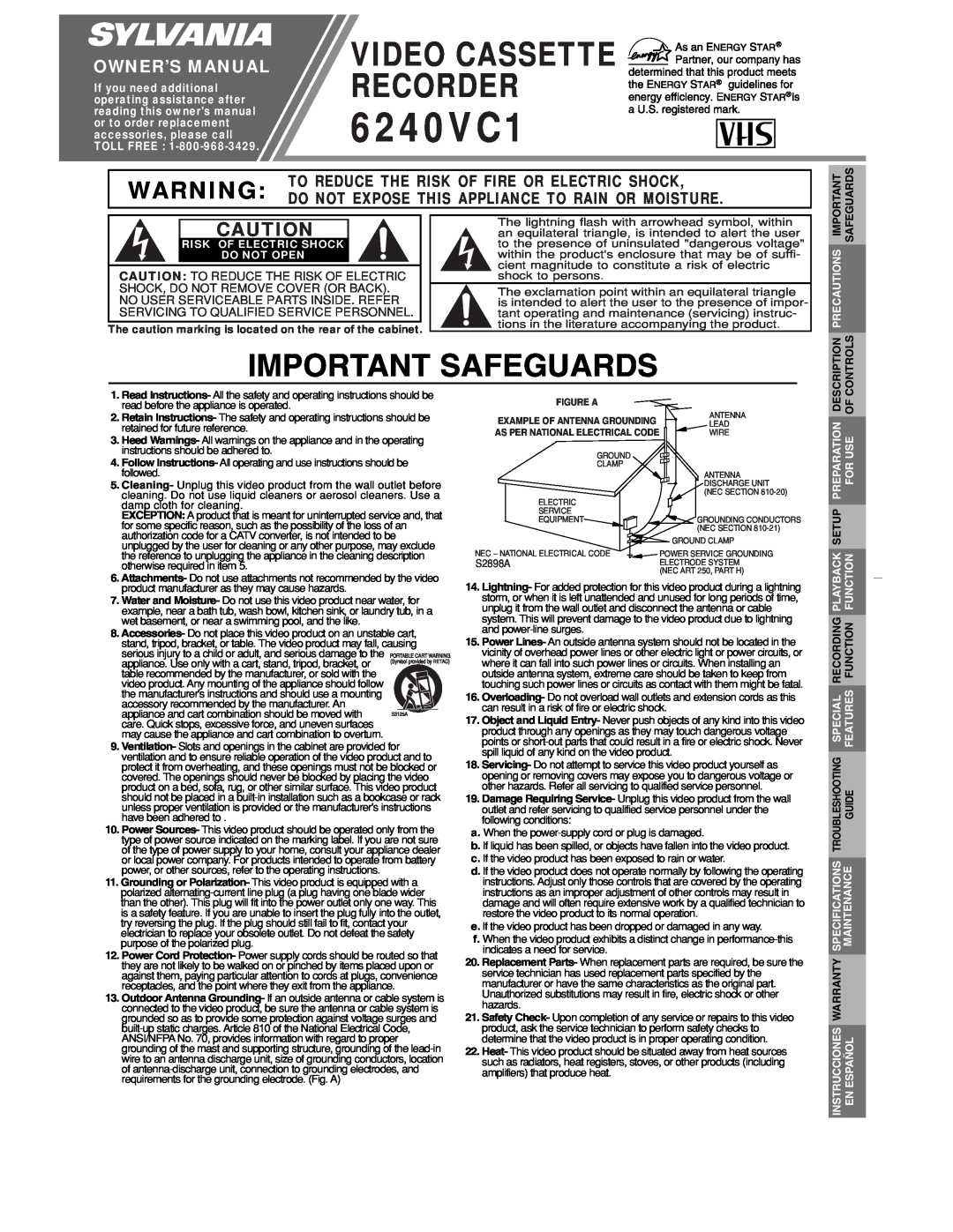 Sylvania 6240VC1 owner manual Important Safeguards, Video Cassette Recorder, Owner’S Manual, Description, Controls 