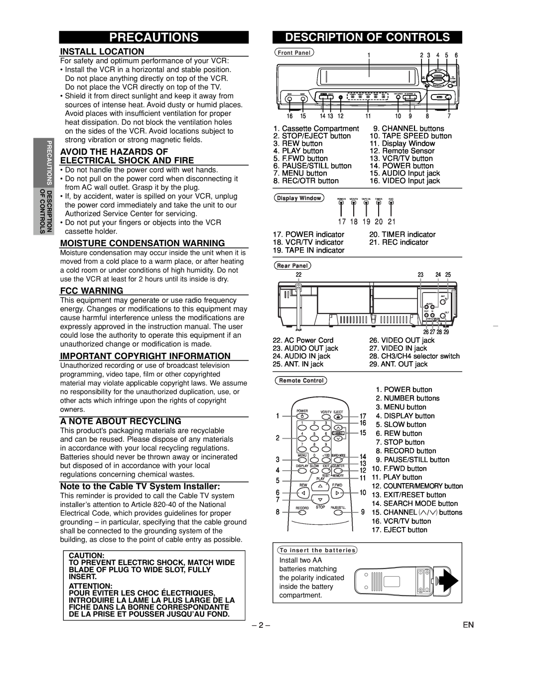 Sylvania 6240VC1 owner manual Precautions, Install Location, Avoid The Hazards Of Electrical Shock And Fire, Fcc Warning 