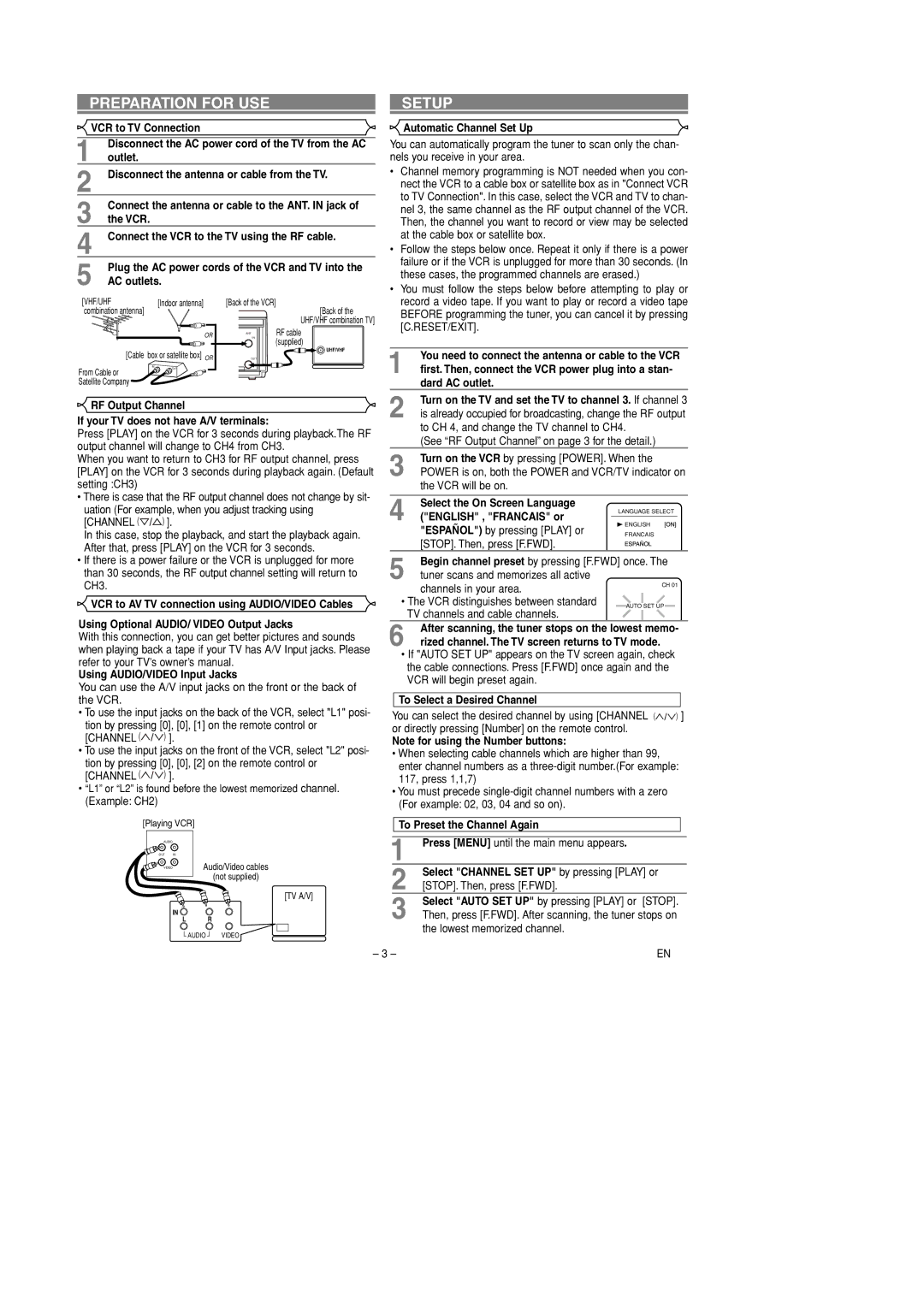 Sylvania 6240VD owner manual Preparation for USE, Setup 