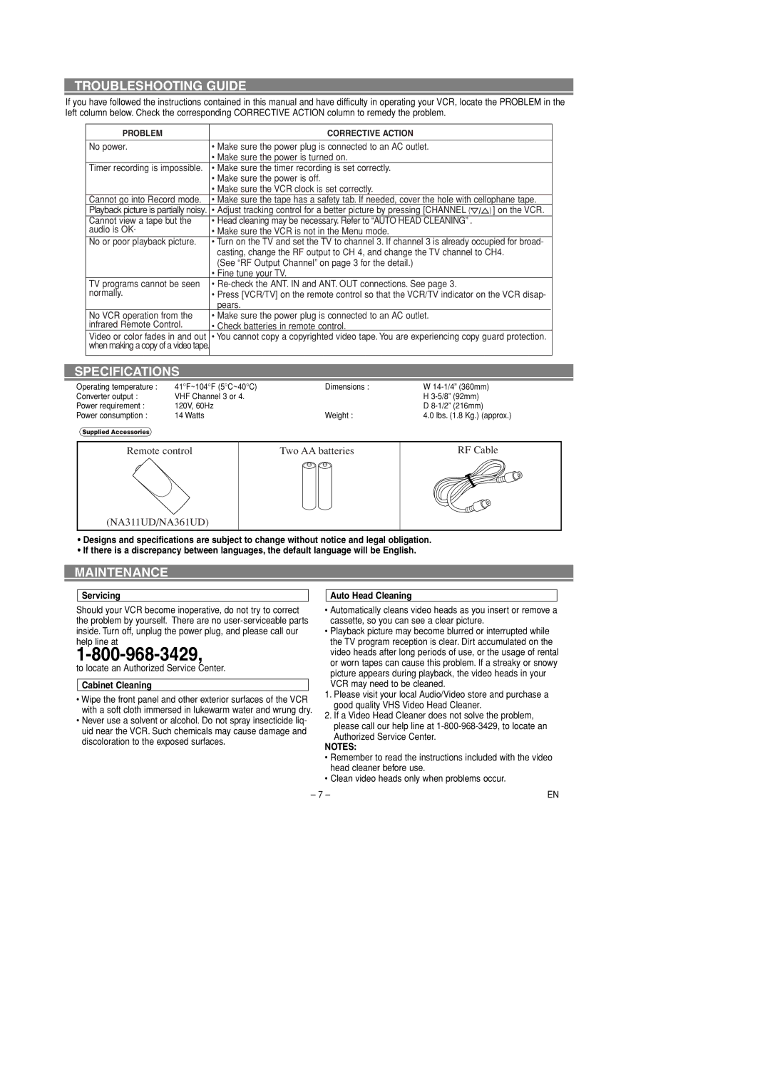 Sylvania 6240VD owner manual Troubleshooting Guide, Specifications, Maintenance 