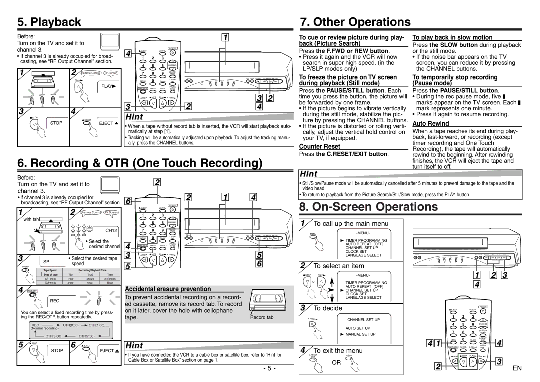 Sylvania 6240VE owner manual Playback Other Operations, Recording & OTR One Touch Recording, On-Screen Operations 