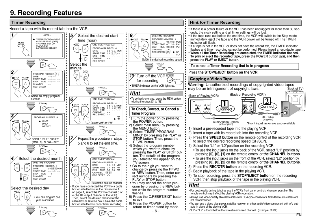 Sylvania 6240VE owner manual Recording Features, Hint for Timer Recording 