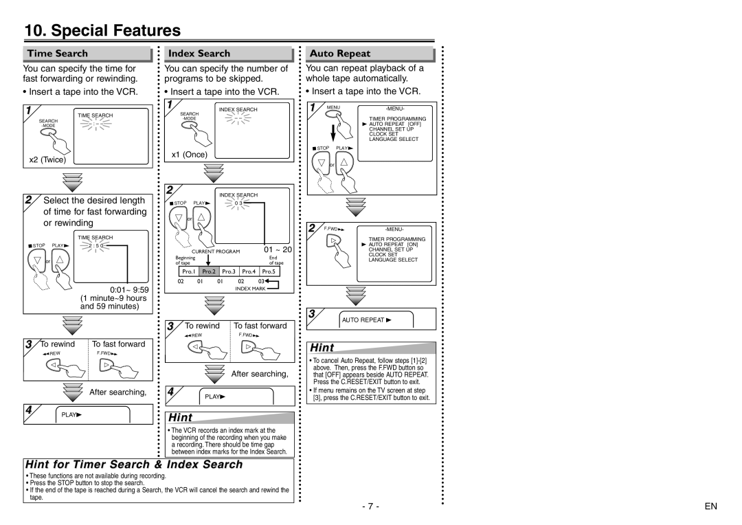 Sylvania 6240VE owner manual Special Features, Hint for Timer Search & Index Search, Time Search, Auto Repeat 