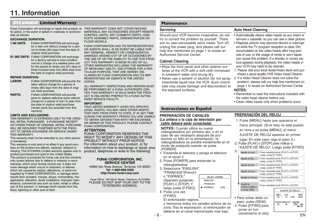 Sylvania 6240VE owner manual Information, Limited Warranty, Maintenance, Instrucciones en Español 