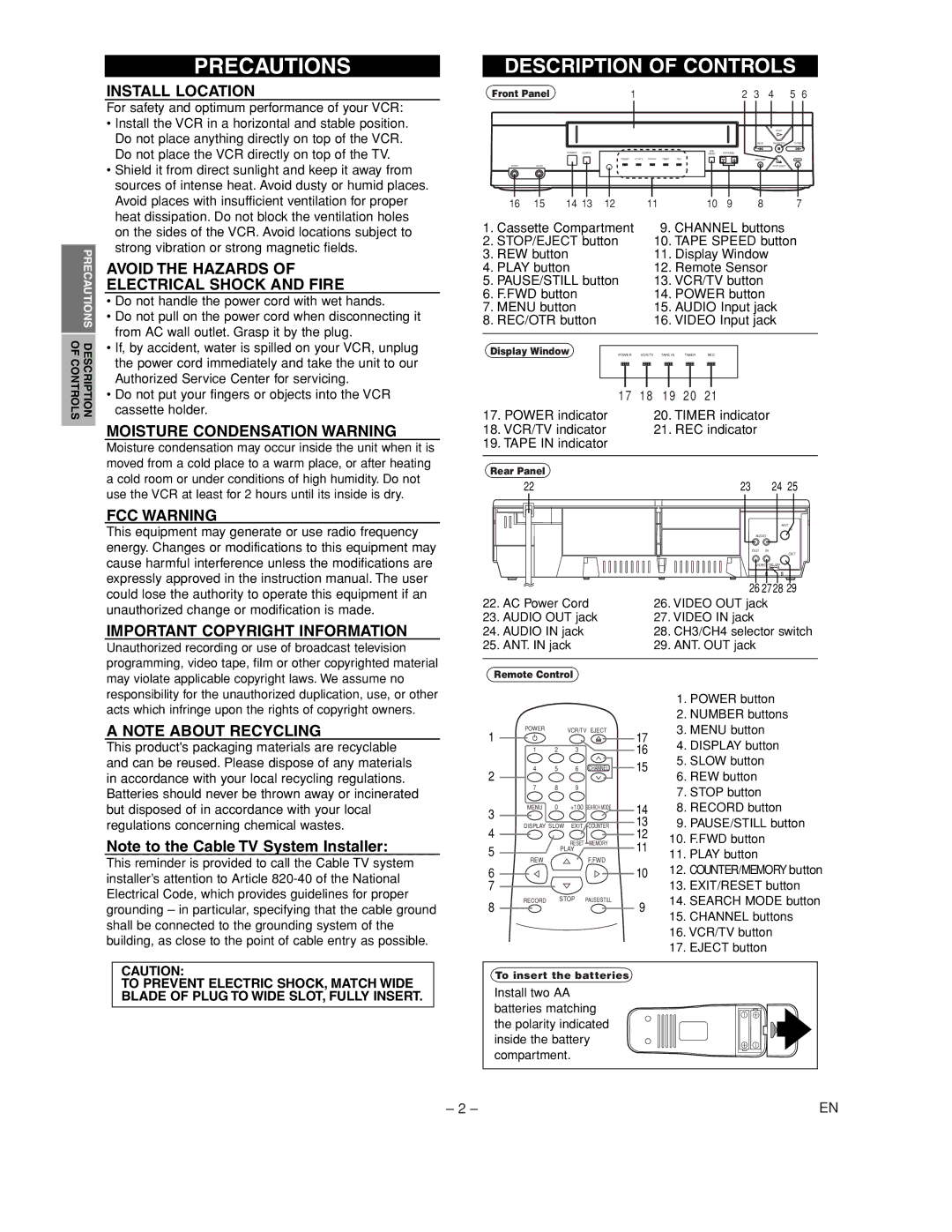 Sylvania 6242CVC Precautions, Install Location, Avoid the Hazards Electrical Shock and Fire, Moisture Condensation Warning 