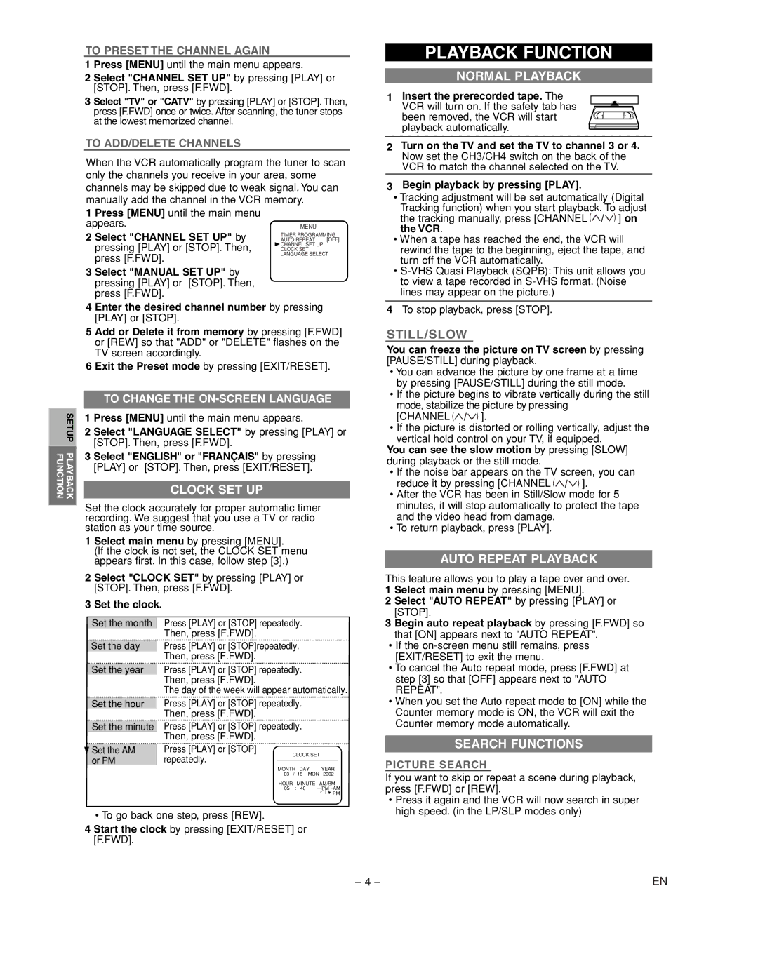 Sylvania 6242CVC owner manual Playback Function, Clock SET UP, Normal Playback, Auto Repeat Playback, Search Functions 