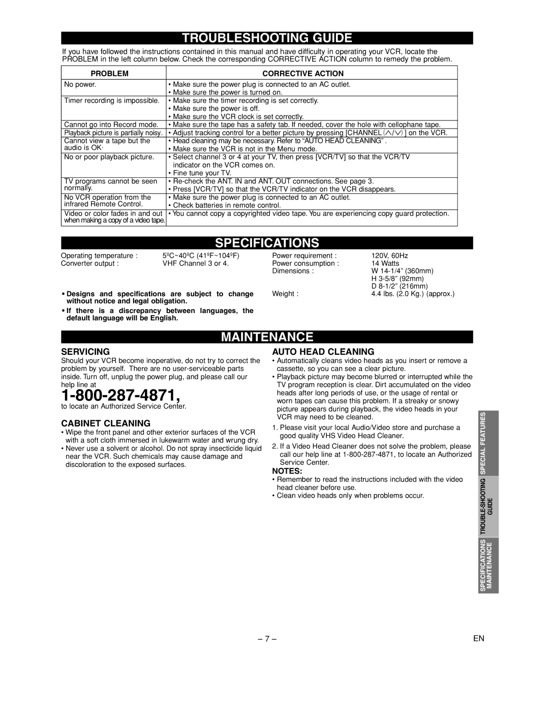 Sylvania 6242CVC owner manual Troubleshooting Guide, Specifications, Maintenance 