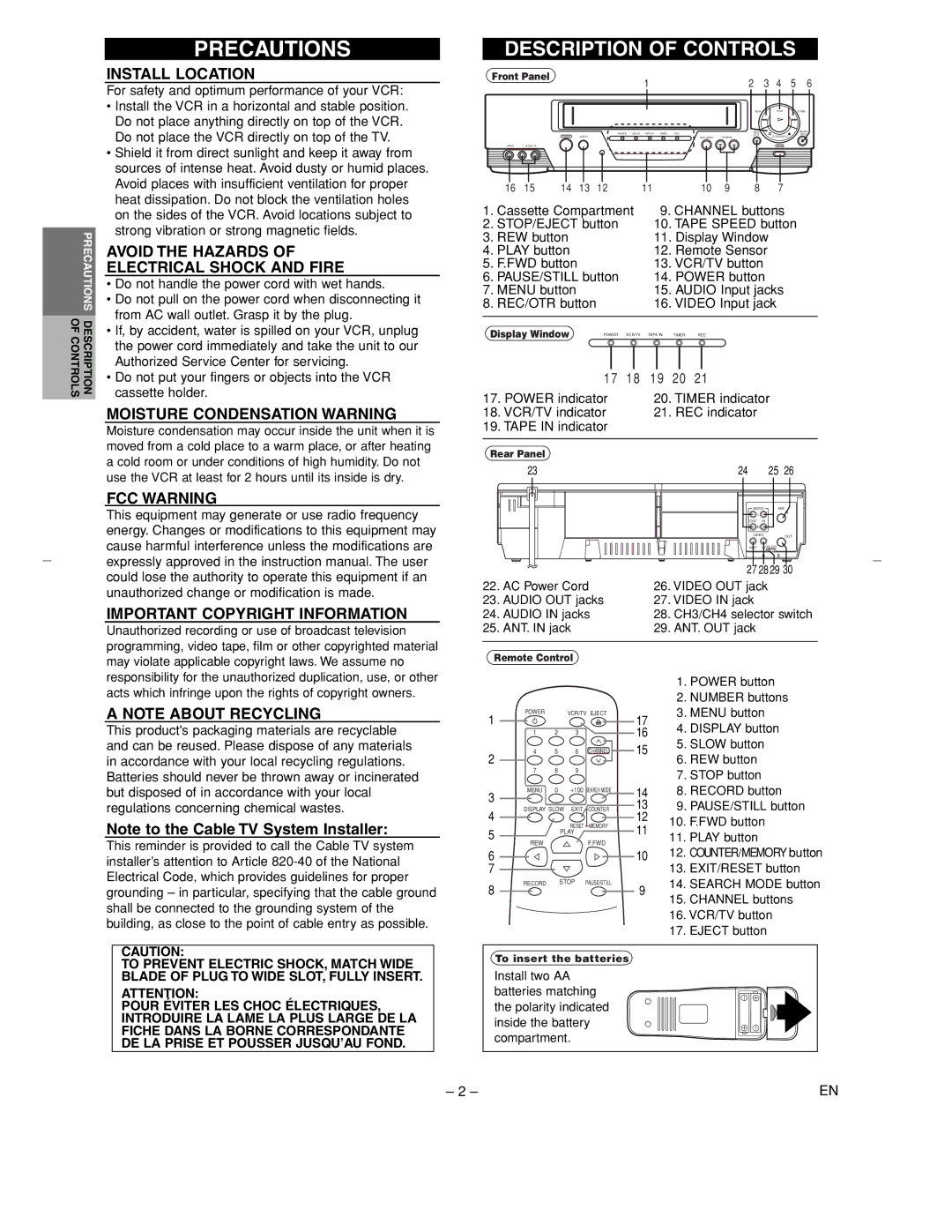 Sylvania 6260VC Precautions, Install Location, Avoid the Hazards Electrical Shock and Fire, Moisture Condensation Warning 