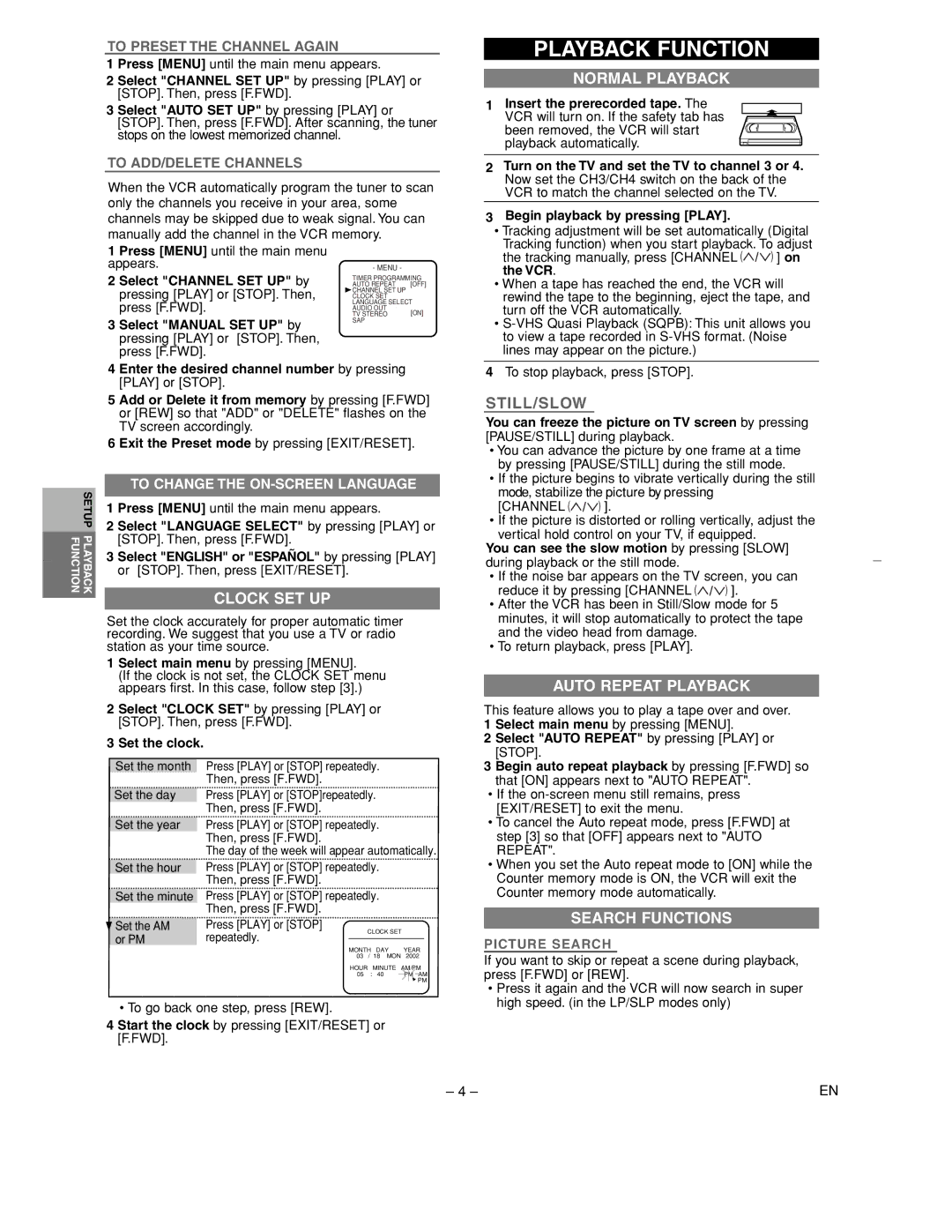 Sylvania 6260VC owner manual Playback Function, Normal Playback, Clock SET UP, Auto Repeat Playback, Search Functions 