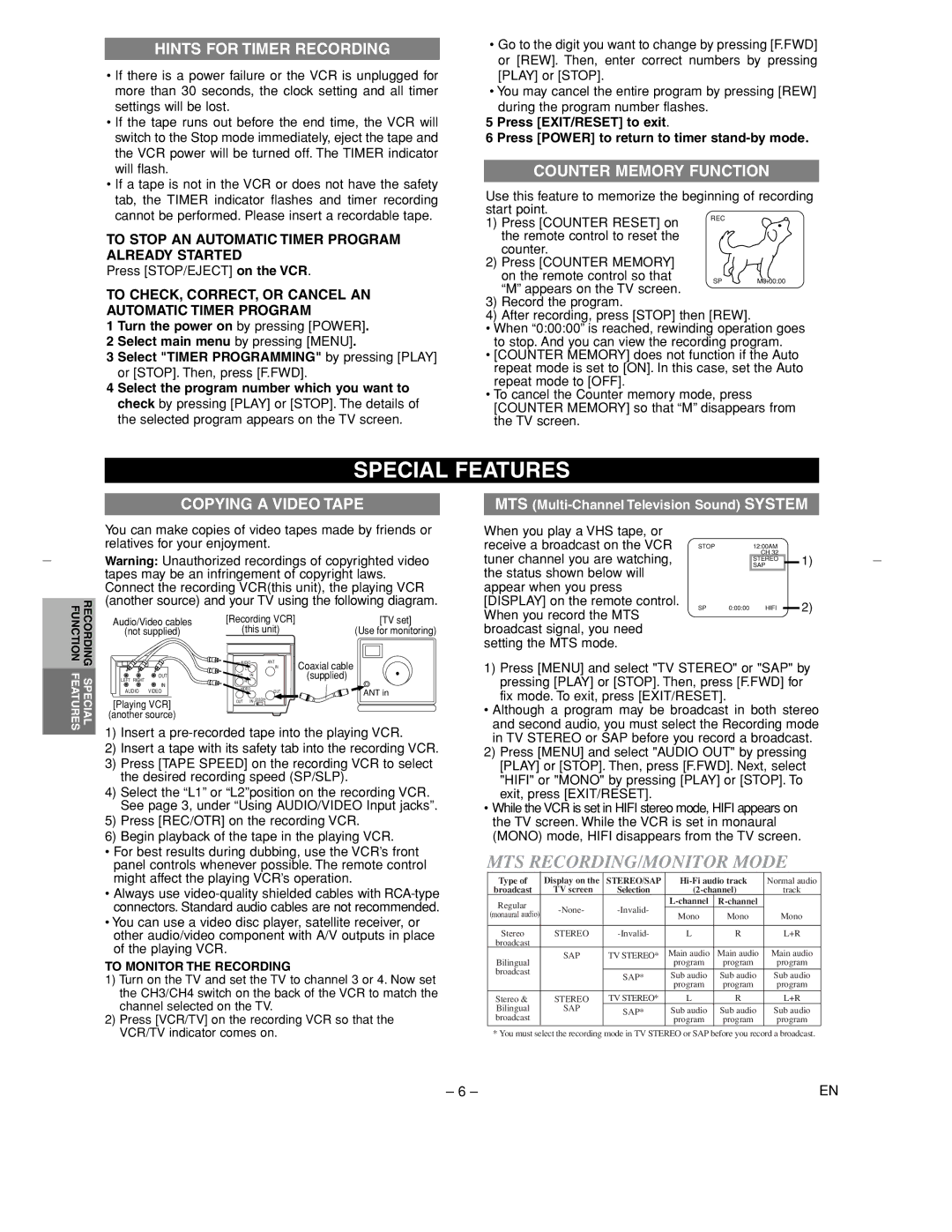 Sylvania 6260VC owner manual Special Features, Hints for Timer Recording, Counter Memory Function, Copying a Video Tape 