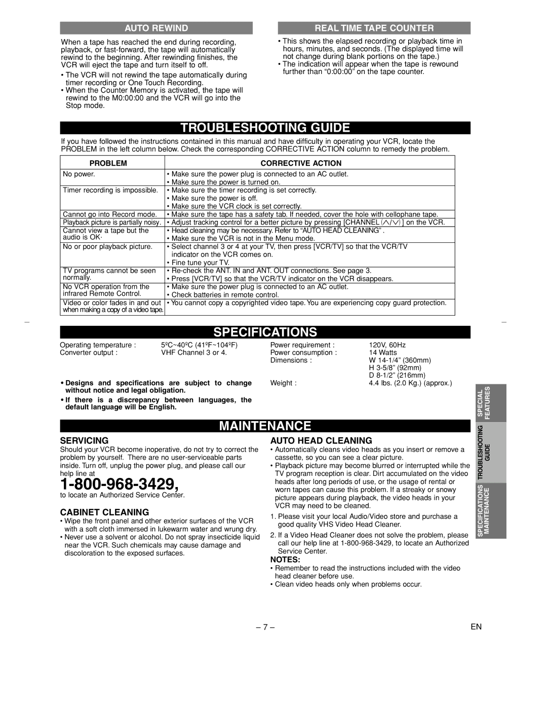 Sylvania 6260VC owner manual Troubleshooting Guide, Specifications, Maintenance, Auto Rewind, Real Time Tape Counter 