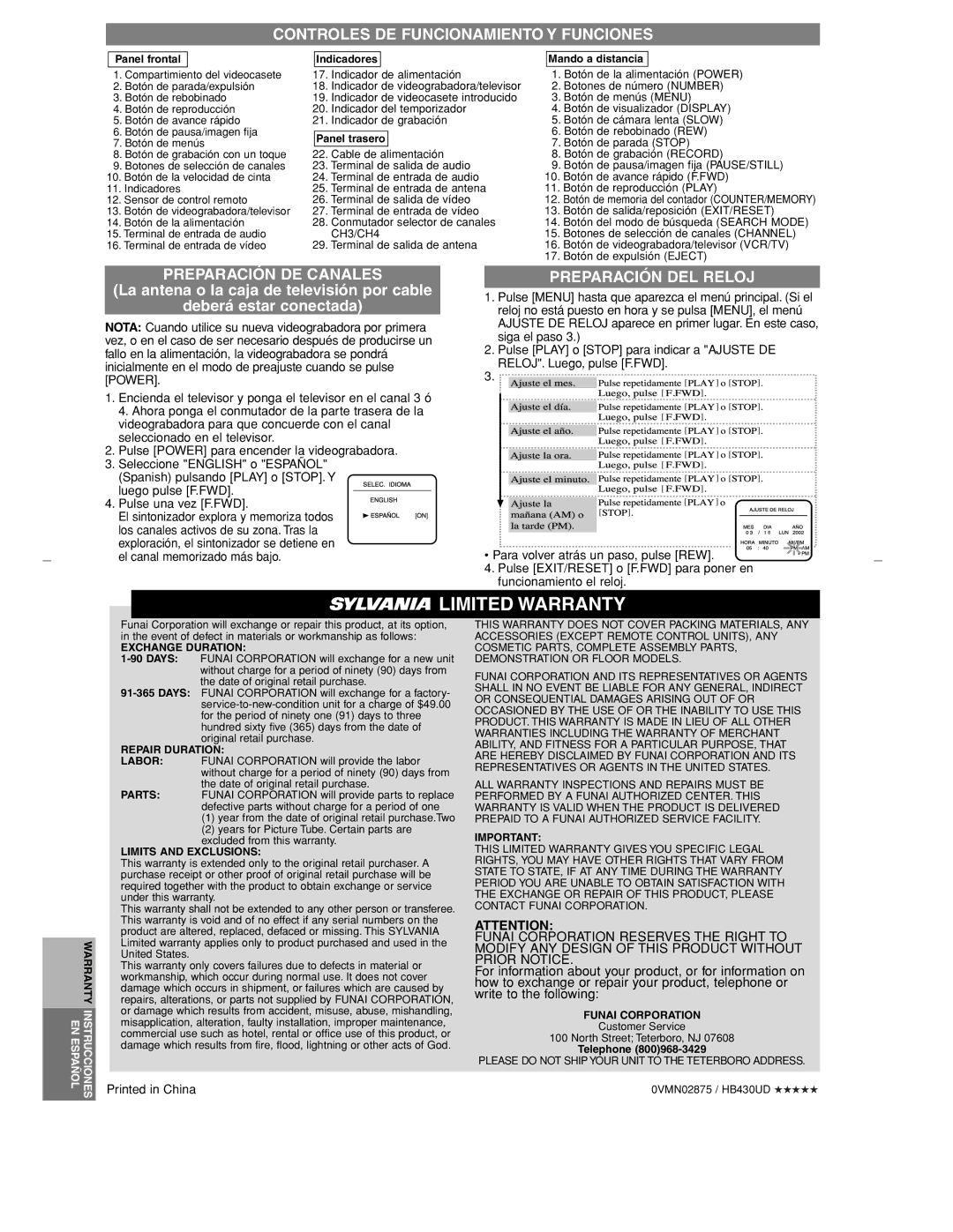 Sylvania 6260VC owner manual Controles DE Funcionamiento Y Funciones, Preparación DE Canales, Preparación DEL Reloj 