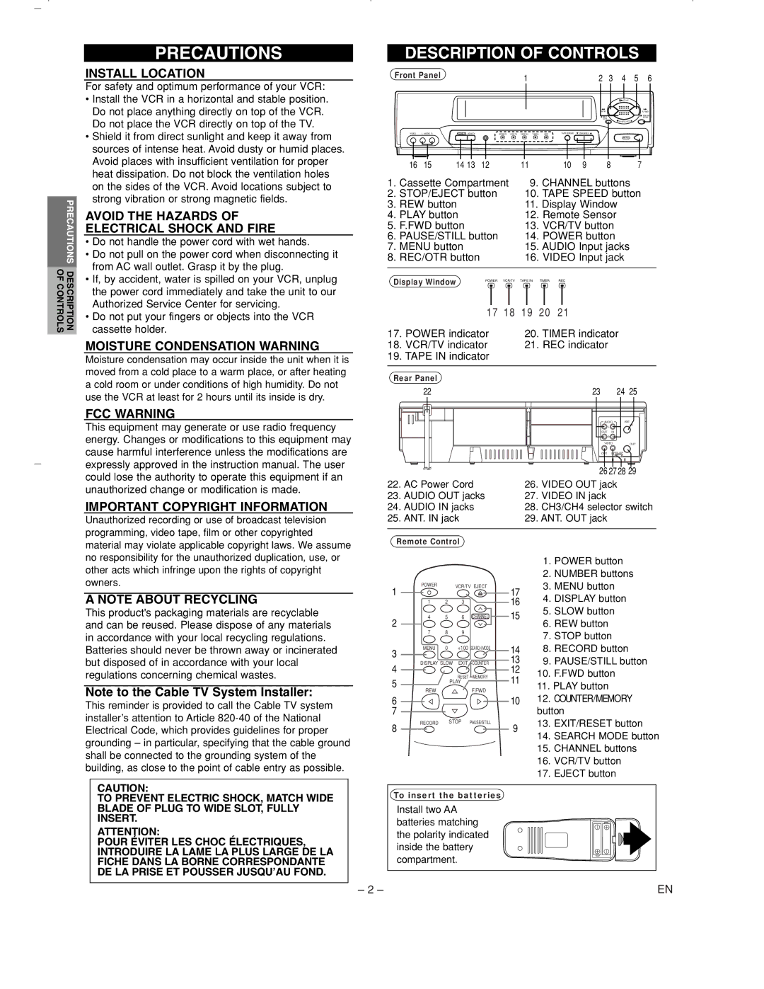 Sylvania 6260VC1 Precautions, Install Location, Avoid the Hazards Electrical Shock and Fire, Moisture Condensation Warning 