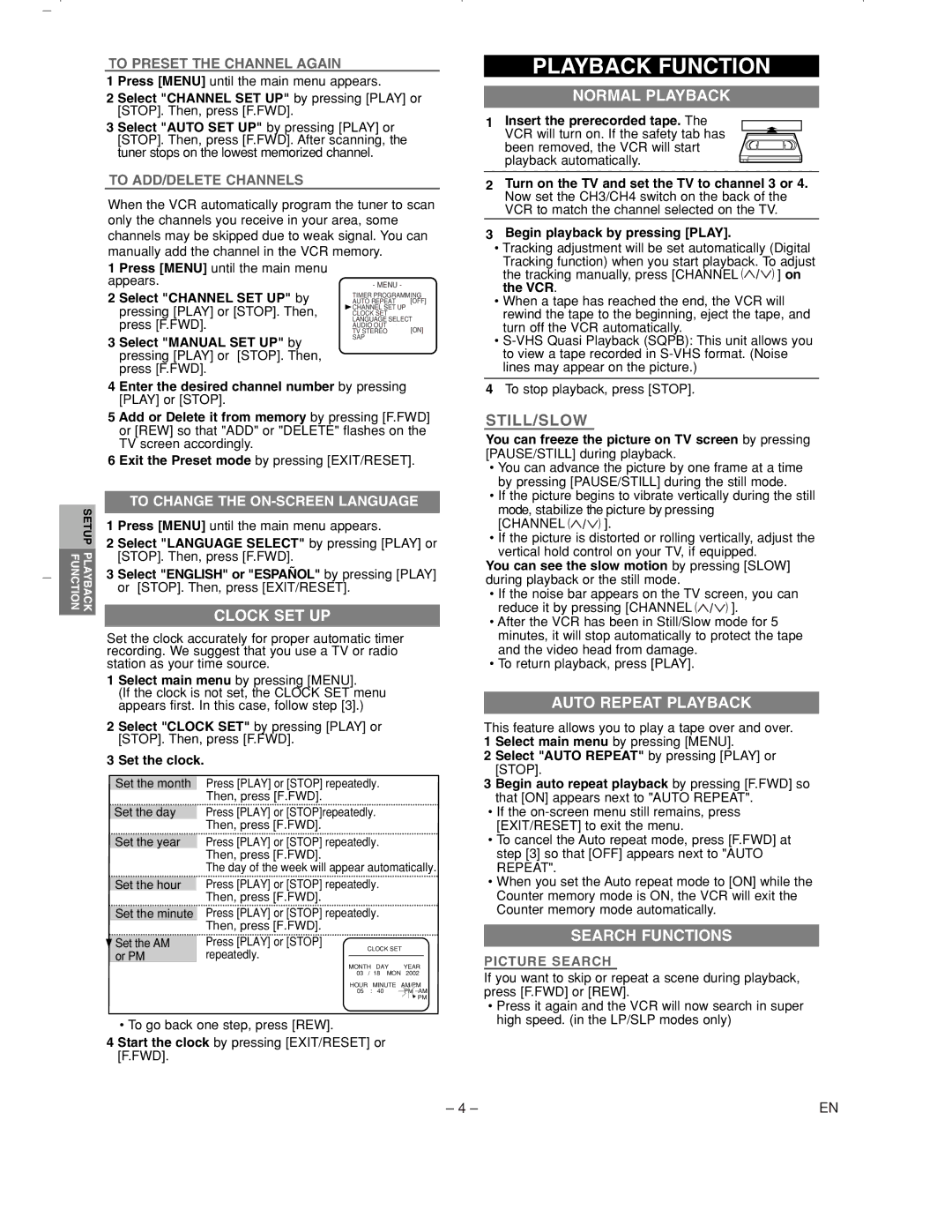 Sylvania 6260VC1 owner manual Playback Function, Normal Playback, Clock SET UP, Auto Repeat Playback, Search Functions 