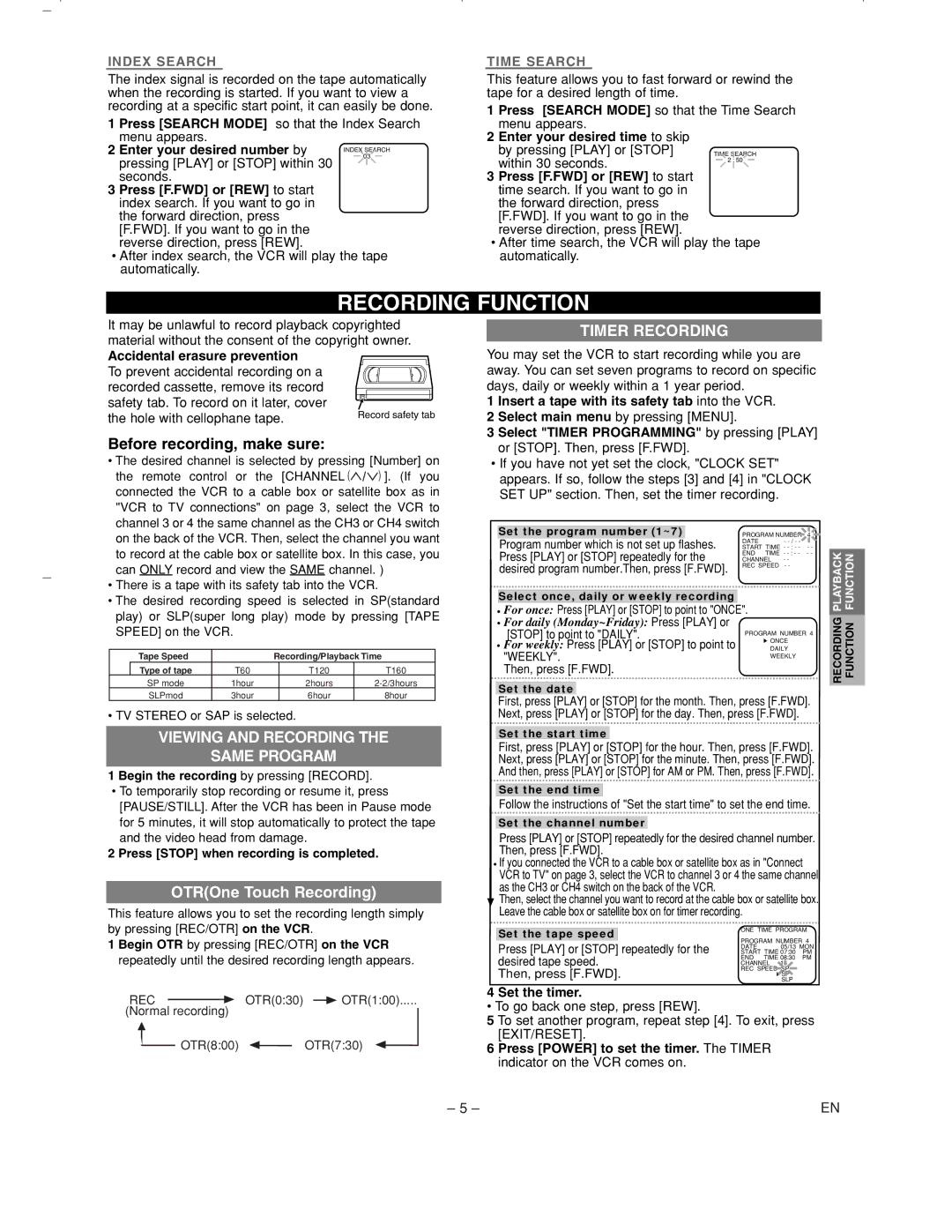 Sylvania 6260VC1 Recording Function, Before recording, make sure, Viewing and Recording Same Program, Timer Recording 