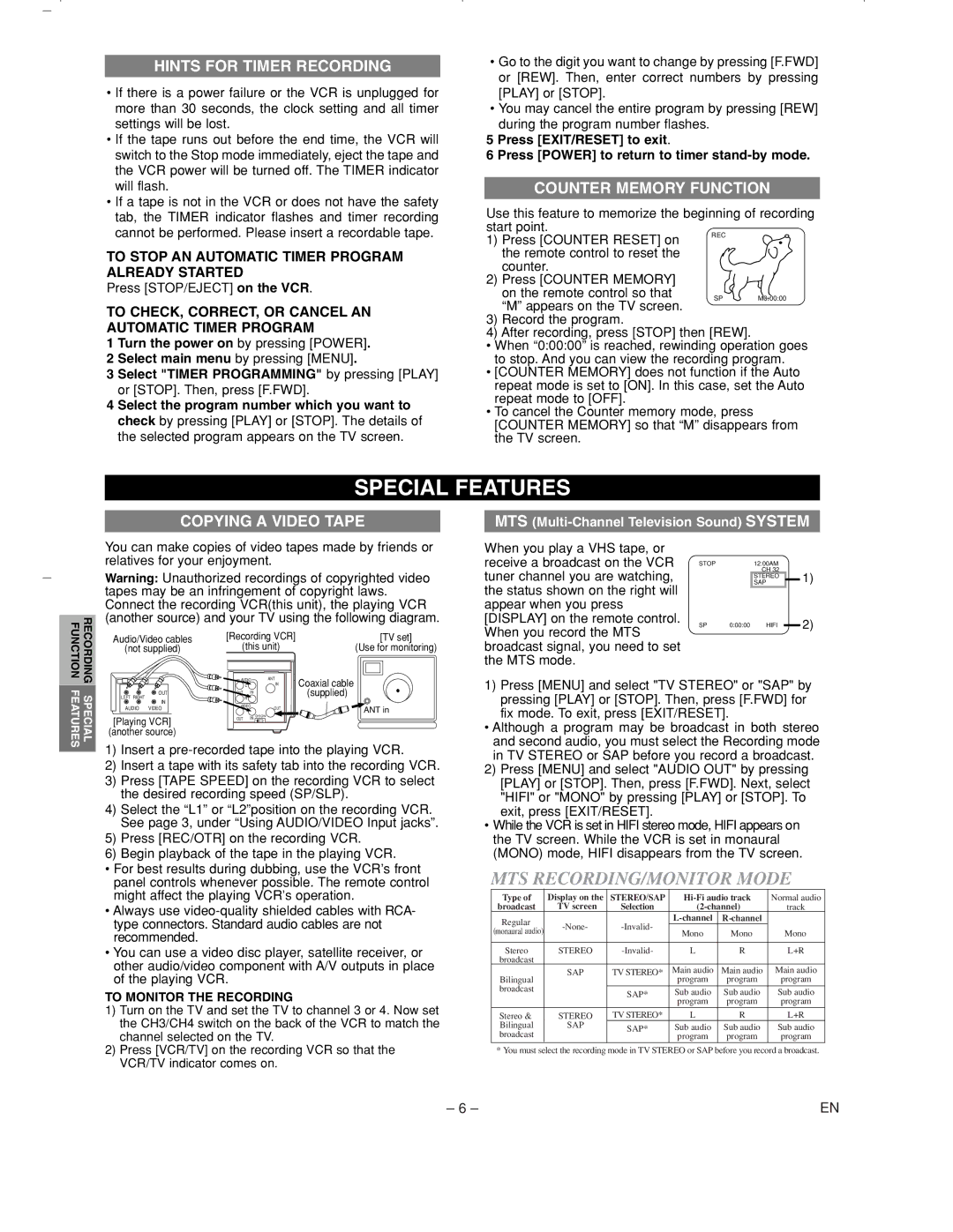 Sylvania 6260VC1 owner manual Special Features, Hints for Timer Recording, Counter Memory Function, Copying a Video Tape 