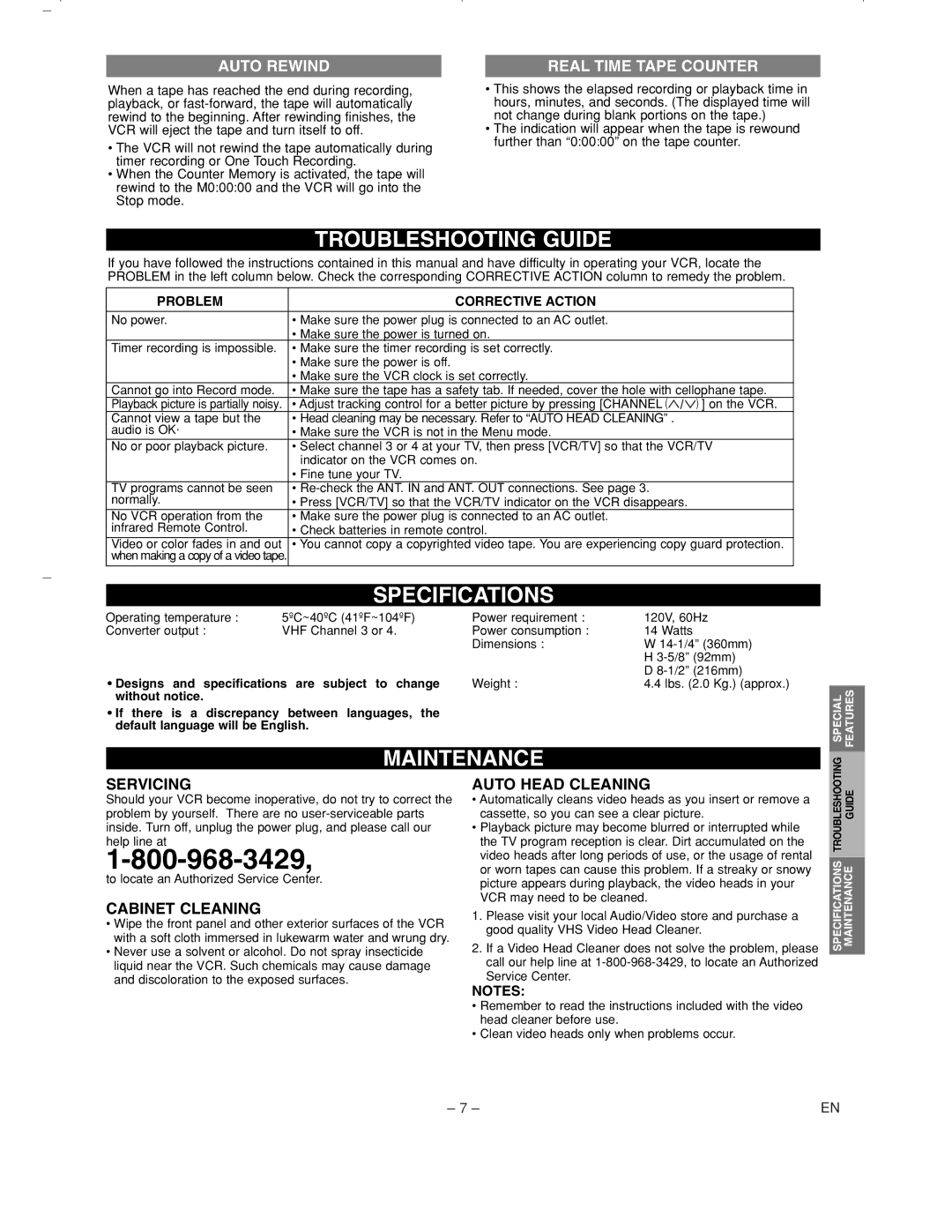 Sylvania 6260VC1 owner manual Troubleshooting Guide, Specifications, Maintenance, Auto Rewind, Real Time Tape Counter 