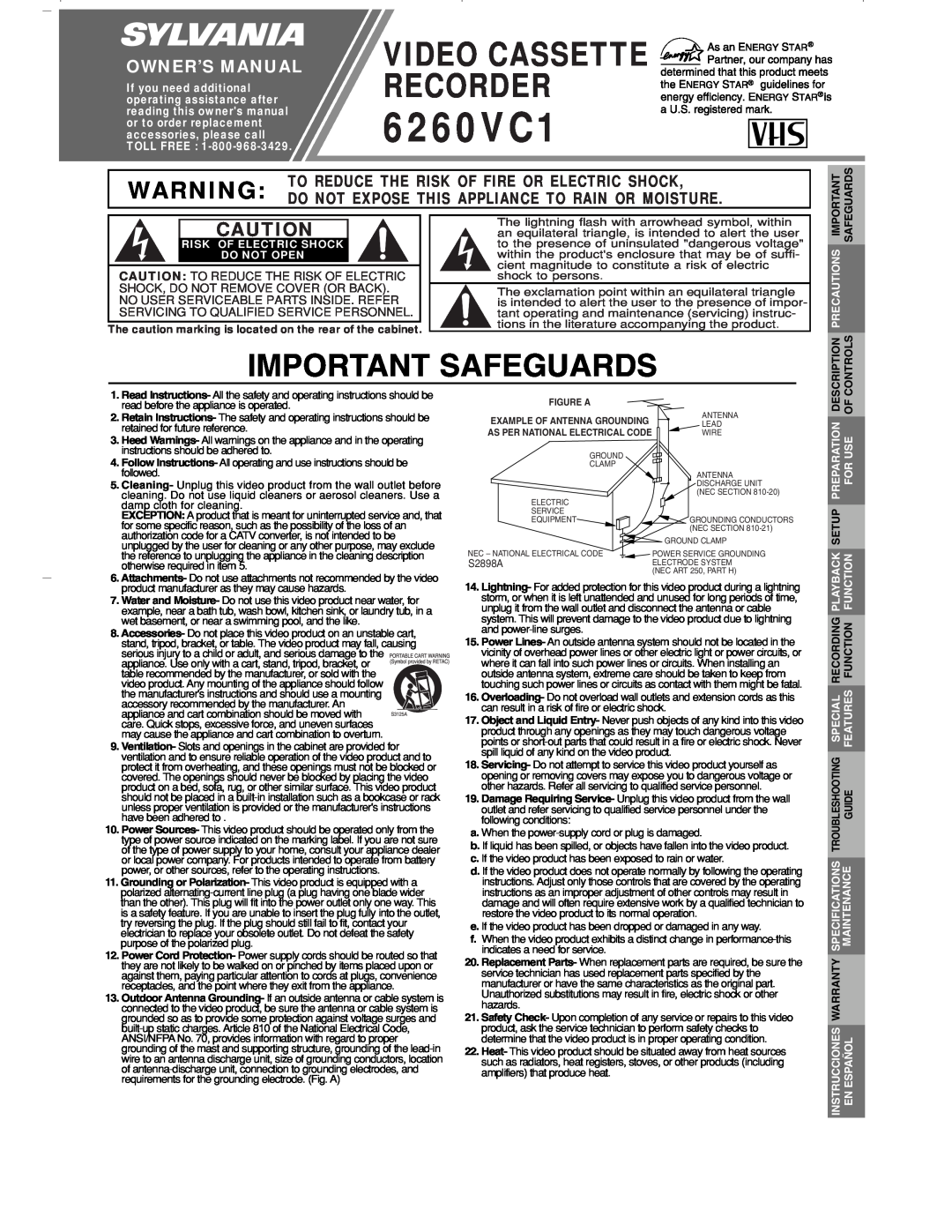 Sylvania 6260VC1 owner manual Important Safeguards, Video Cassette Recorder, Owner’S Manual, Description, Controls 