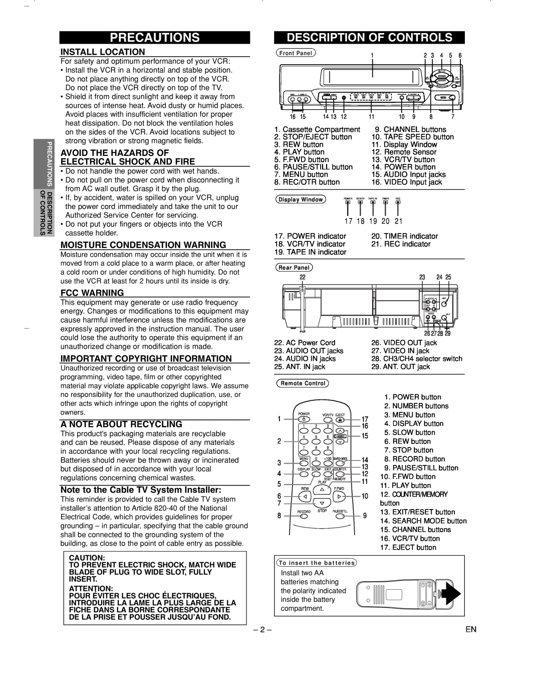 Sylvania 6260VC1 owner manual Precautions, Install Location, Avoid The Hazards Of Electrical Shock And Fire, Fcc Warning 
