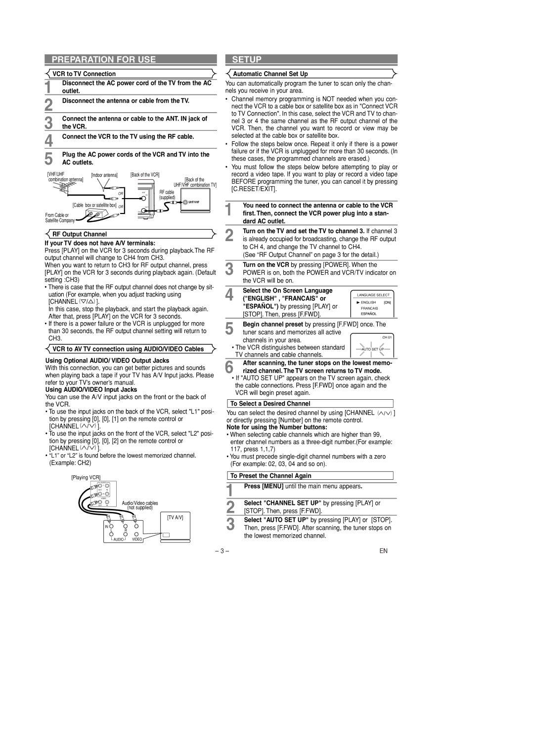 Sylvania 6260VD owner manual Preparation for USE, Setup 