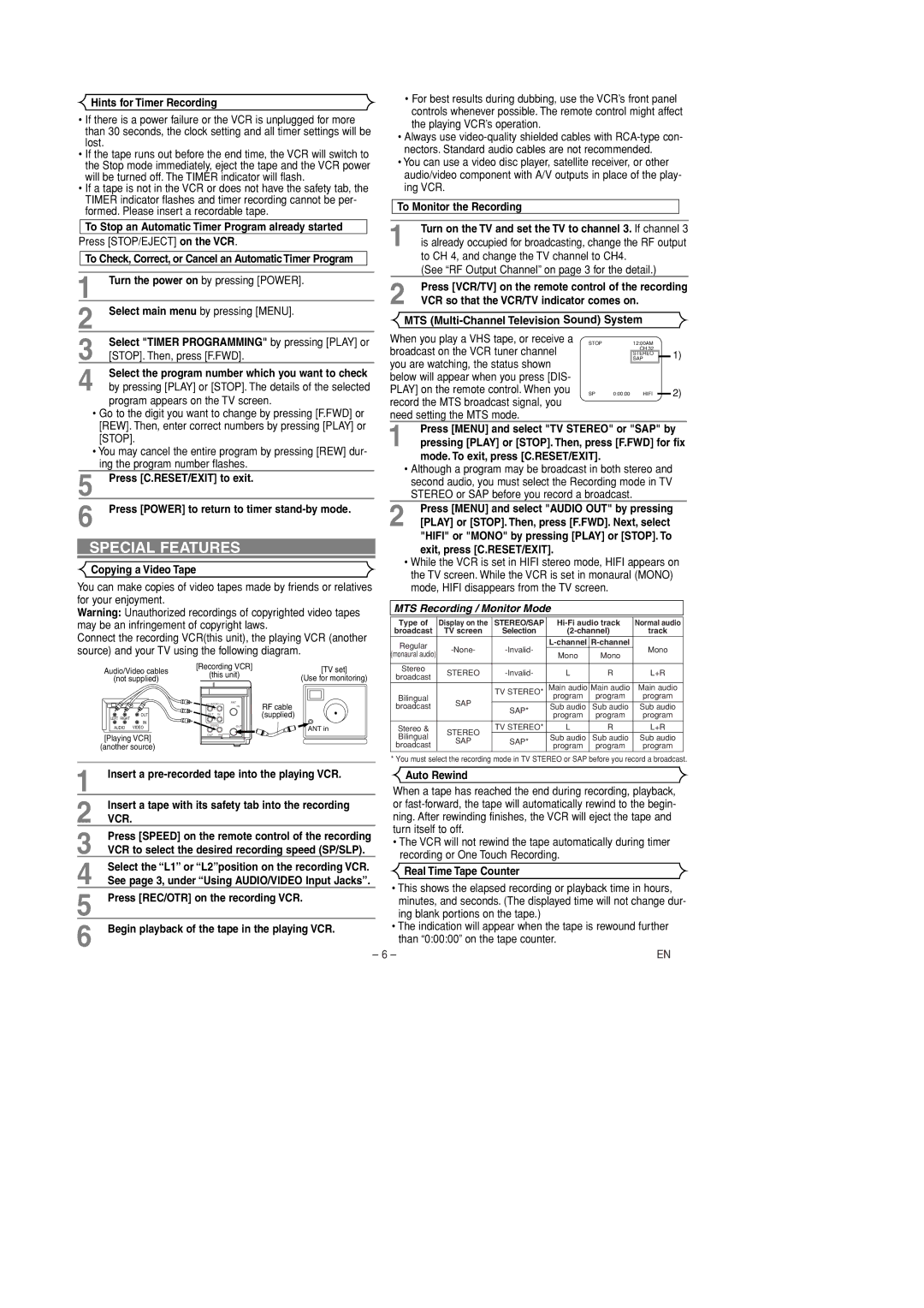 Sylvania 6260VD owner manual Special Features, Vcr 