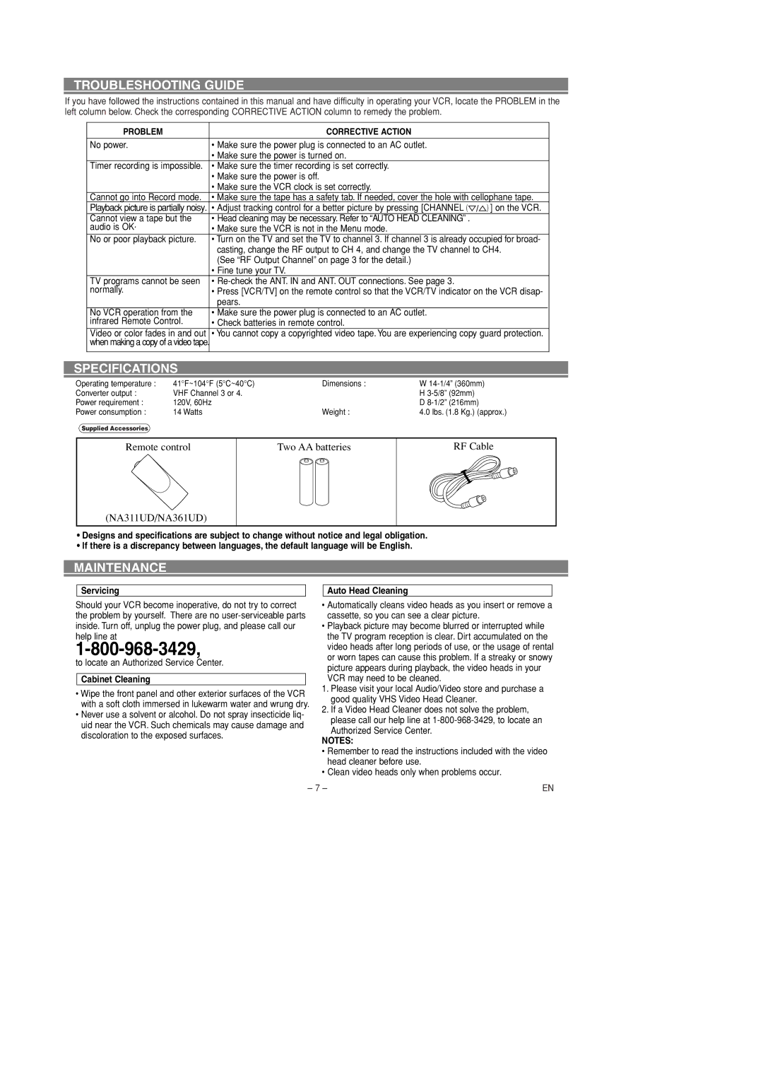 Sylvania 6260VD owner manual Troubleshooting Guide, Specifications, Maintenance 