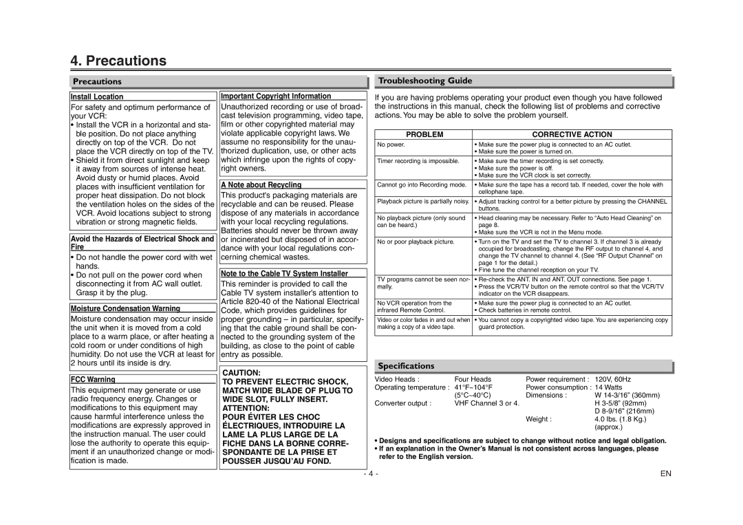 Sylvania 6260VE owner manual Precautions, Specifications, Hours until its inside is dry, Problem Corrective Action 