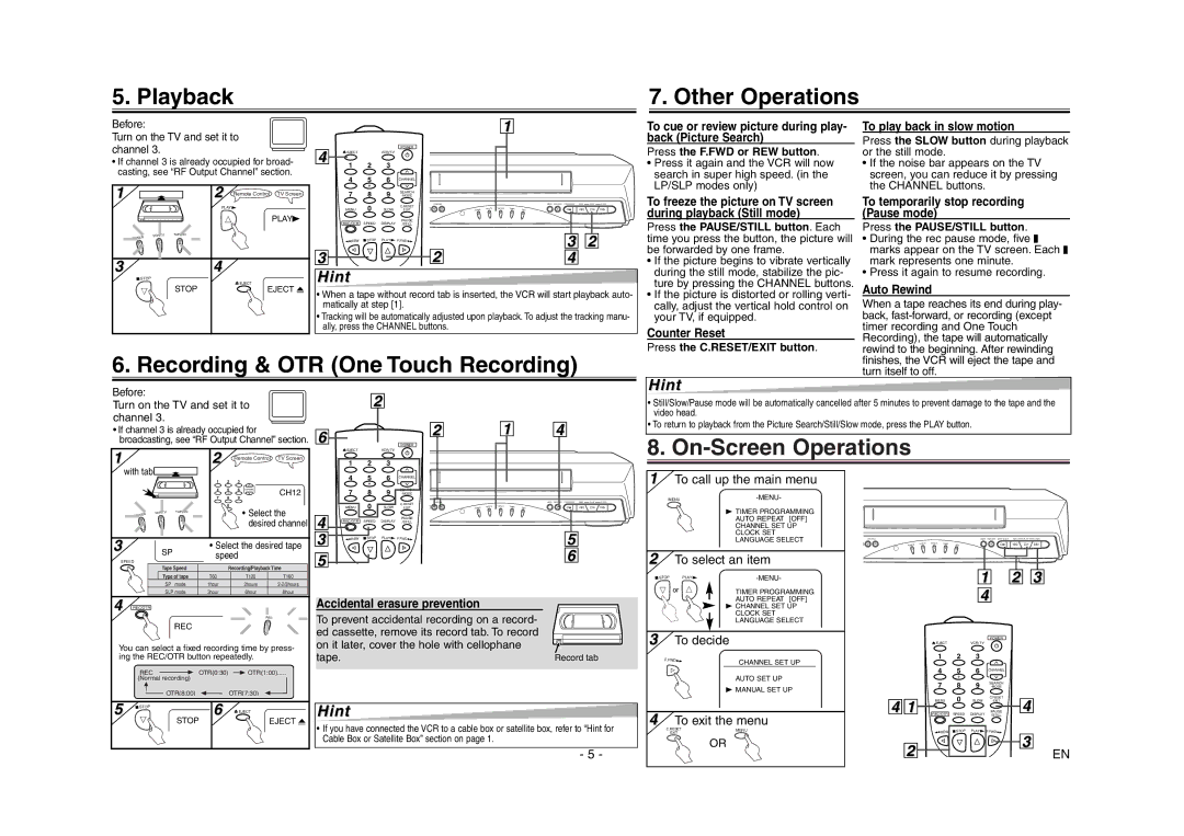 Sylvania 6260VE owner manual Playback Other Operations, Recording & OTR One Touch Recording, On-Screen Operations 