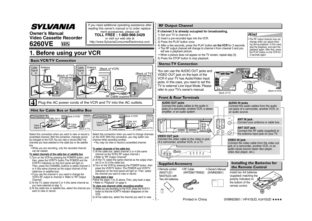 Sylvania 6260VE owner manual Before using your VCR, HintHint, Basic VCR/TV Connection, RF Output Channel, Owner’s Manual 