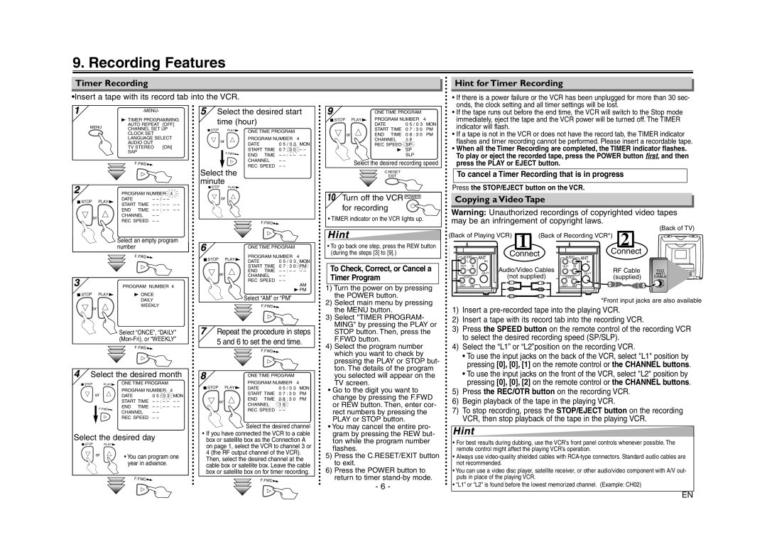 Sylvania 6260VE owner manual Recording Features, Hint for Timer Recording, Copying a Video Tape 