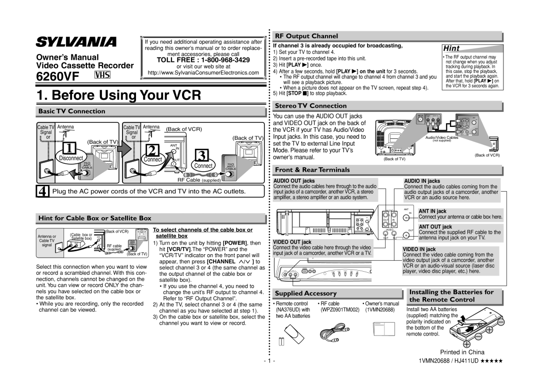 Sylvania 6260VF owner manual Before Using Your VCR, HintHint 