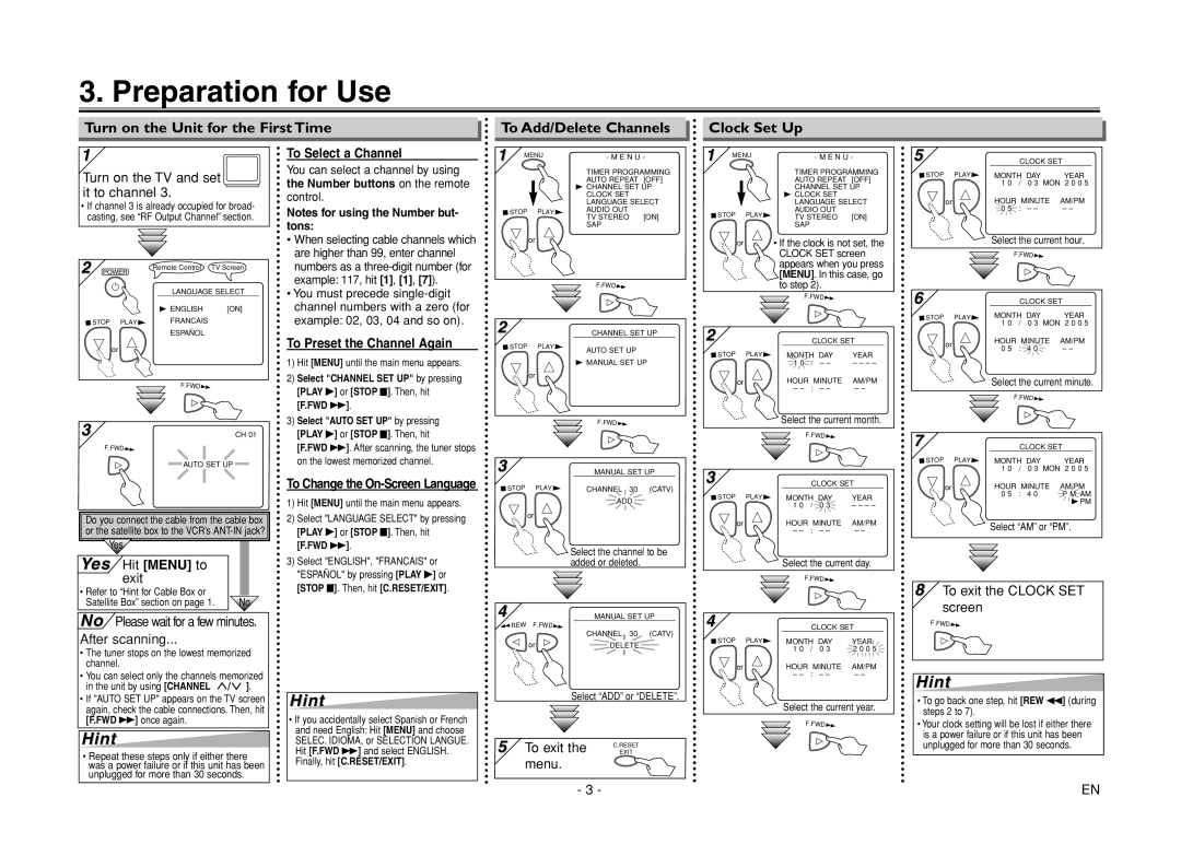 Sylvania 6260VF owner manual Preparation for Use, Hint 