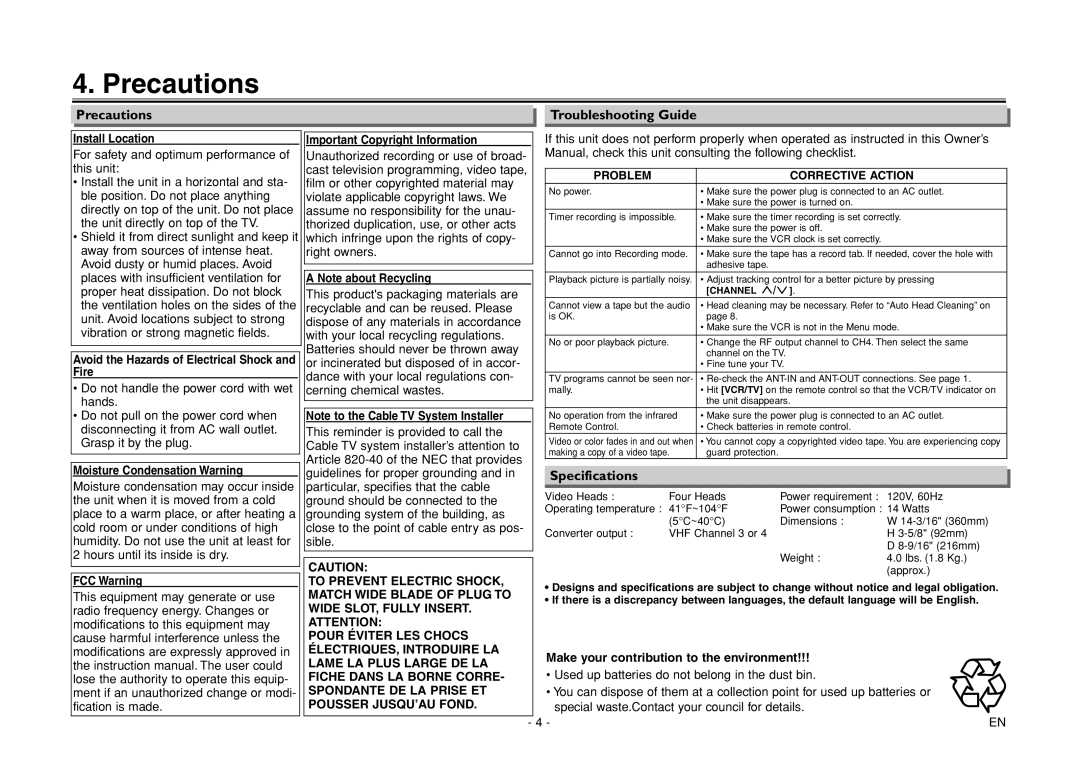 Sylvania 6260VF owner manual Precautions, Specifications, Troubleshooting Guide, Make your contribution to the environment 