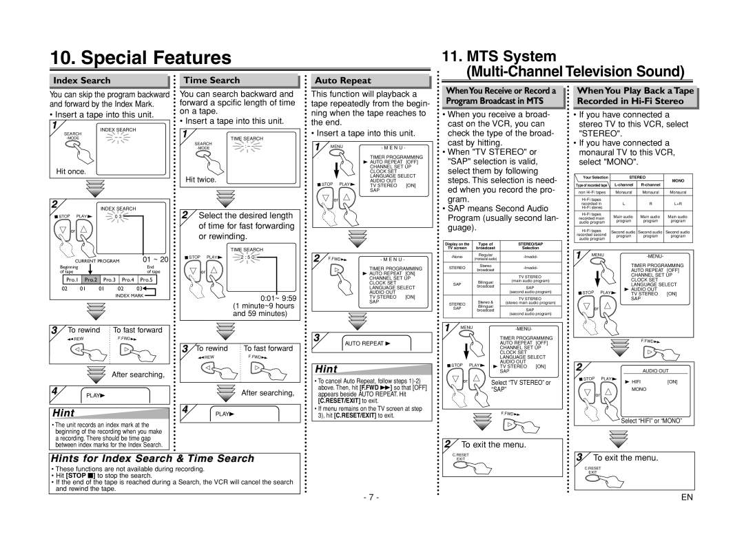 Sylvania 6260VF owner manual Special Features, Hints for Index Search & Time Search, Index Search Time Search Auto Repeat 