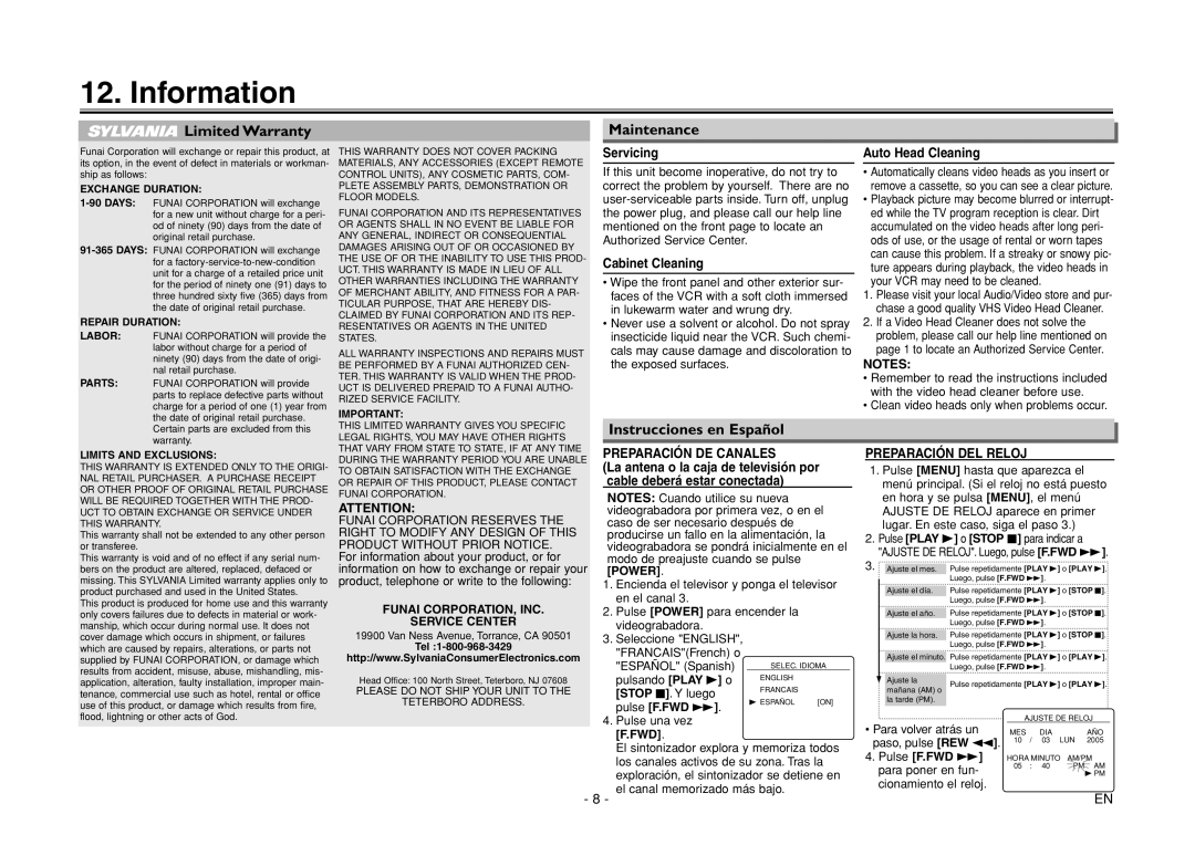 Sylvania 6260VF owner manual Information, Limited Warranty, Maintenance, Instrucciones en Español 