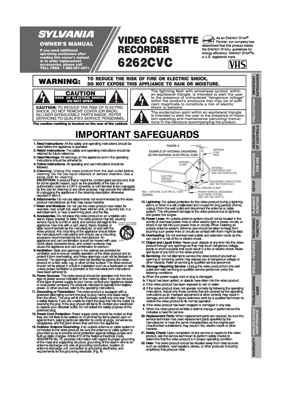 Sylvania 6262CVC owner manual Important Safeguards, Video Cassette Recorder, Owner’S Manual, Description, Controls 