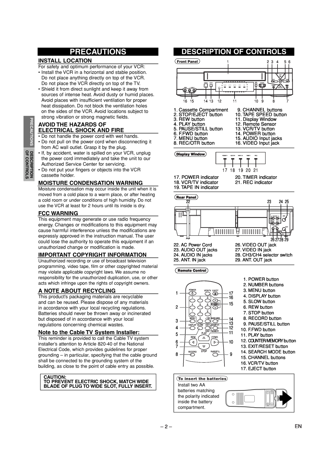 Sylvania 6262CVC owner manual Precautions, Install Location, Avoid The Hazards Of Electrical Shock And Fire, Fcc Warning 