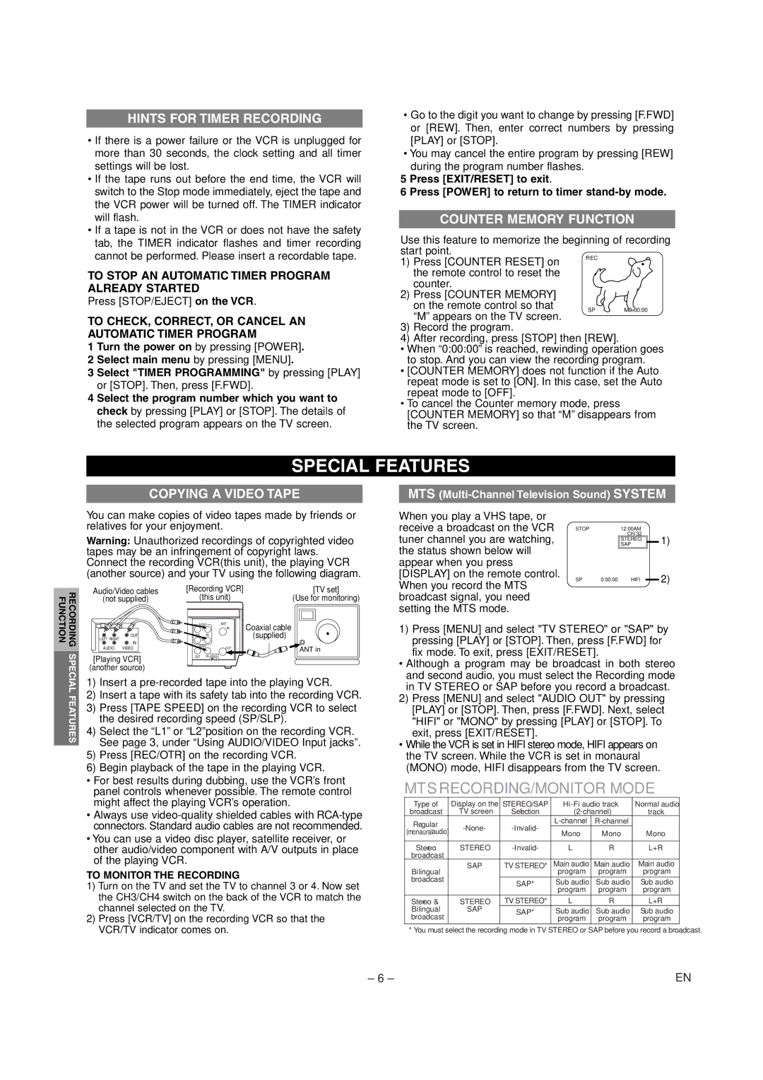 Sylvania 6262CVC owner manual Special Features, Hints for Timer Recording, Counter Memory Function, Copying a Video Tape 