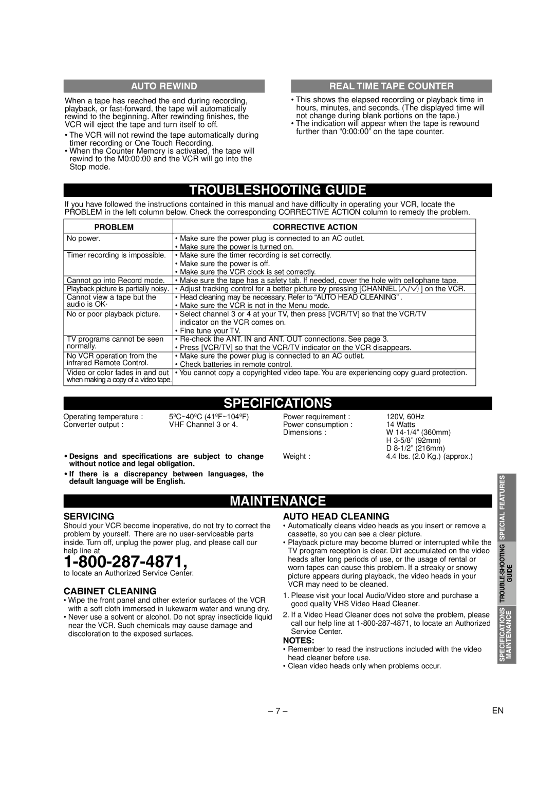 Sylvania 6262CVC owner manual Troubleshooting Guide, Specifications, Maintenance, Auto Rewind, Real Time Tape Counter 